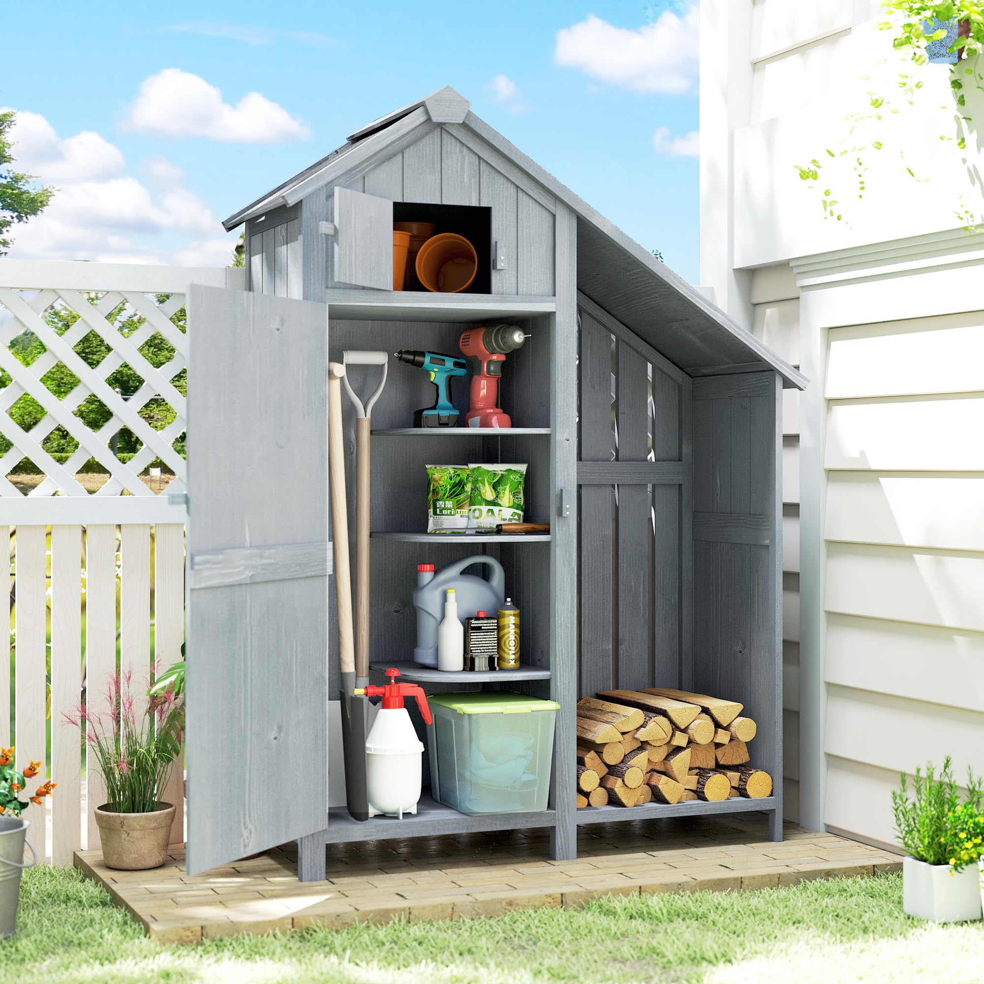 Outsunny Armoire de jardin en bois d'extérieur - Résistant aux intempéries - Avec toit en asphalte - Étagère - Armoire de rangement polyvalente pour jardin, terrasse - 129 x 51,5 x 180 cm - Gris