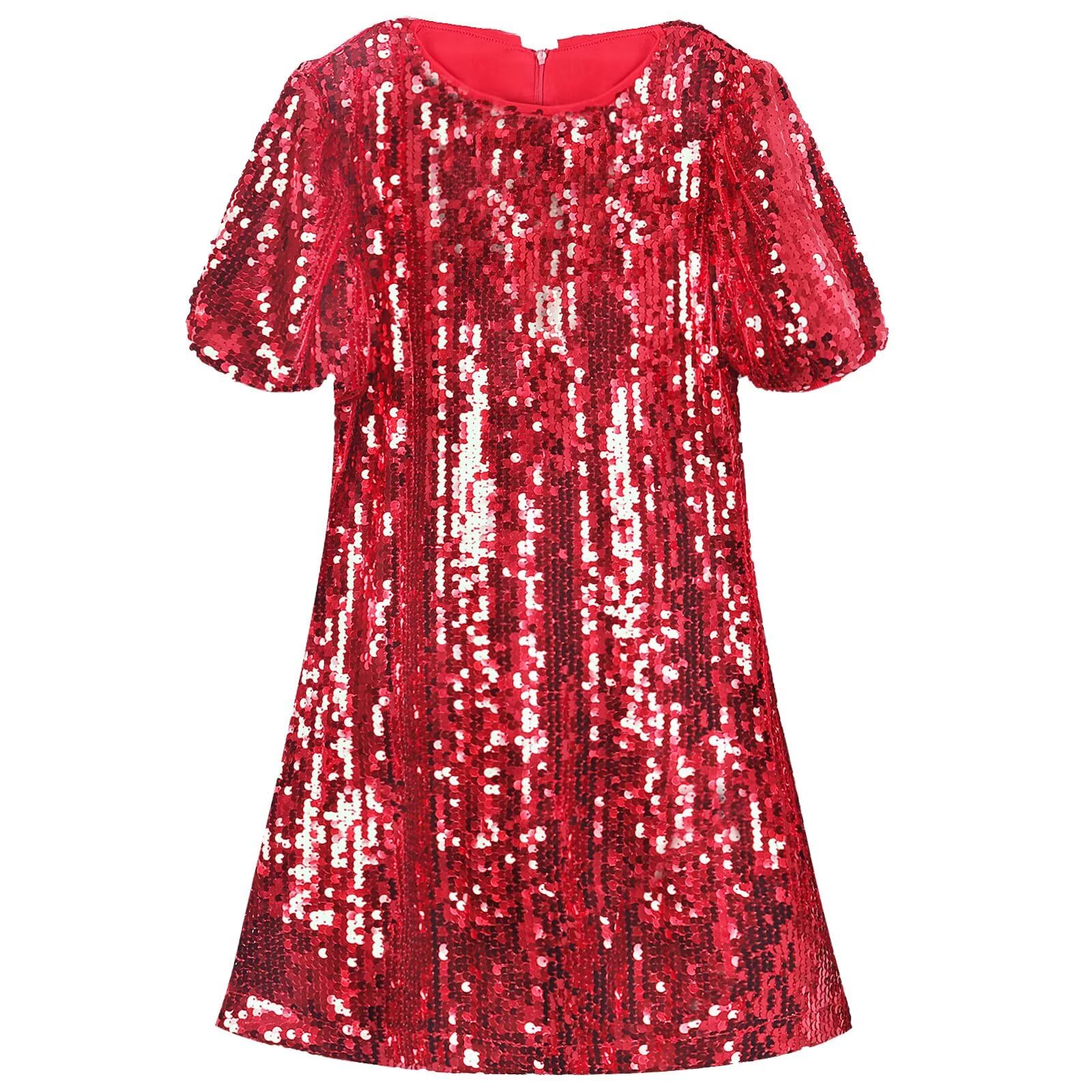 WELAKEN Girls Sparkly Sequin Dress Puff Sleeve for Kids Party Birthday