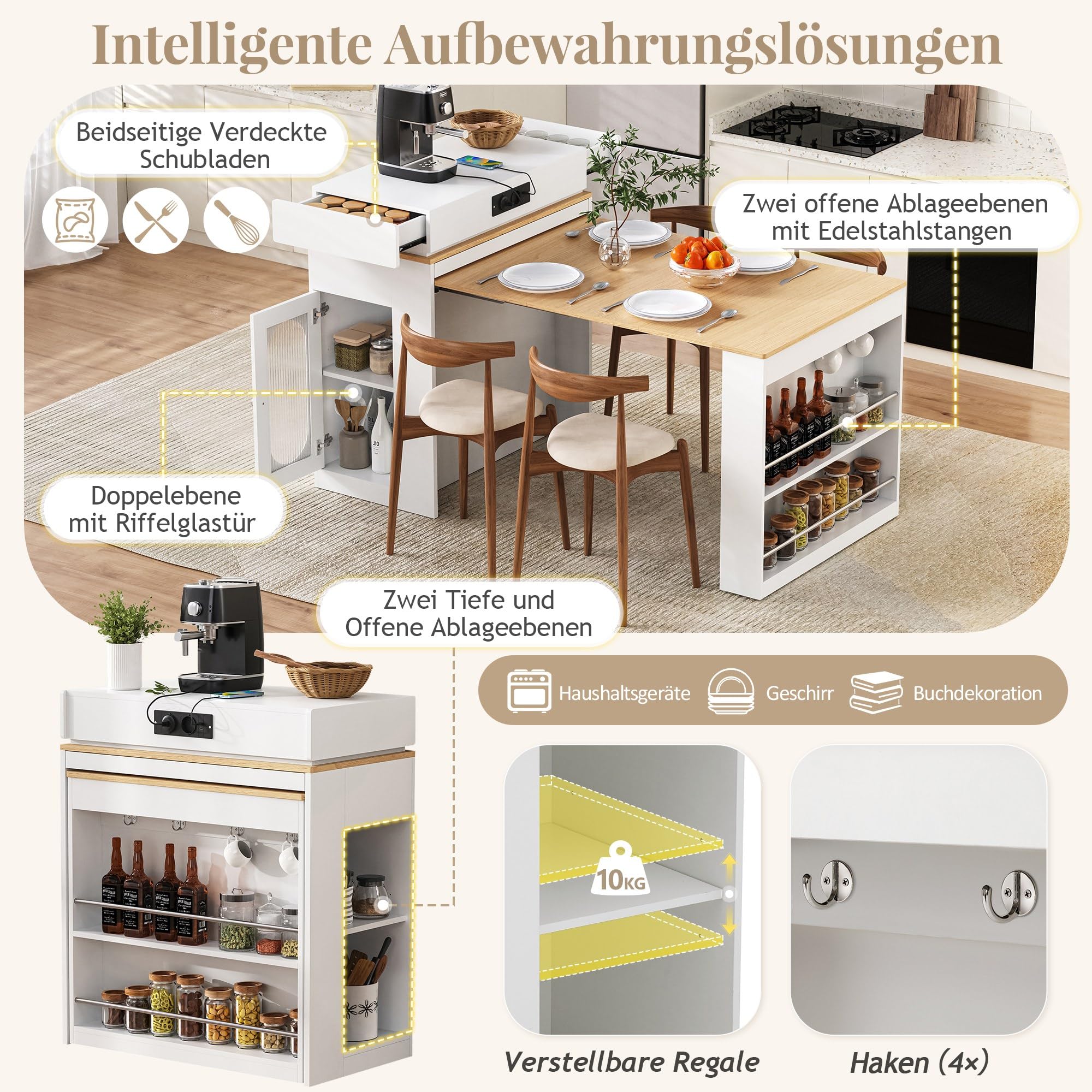 Modernes Kücheninsel mit Rollen, Ausziehbarer Esstisch mit Steckdosenleisten und Haken, als Kücheninsel, Sideboard oder Bartisch für Küche und Esszimmer, Weiß Holzoptik,J
