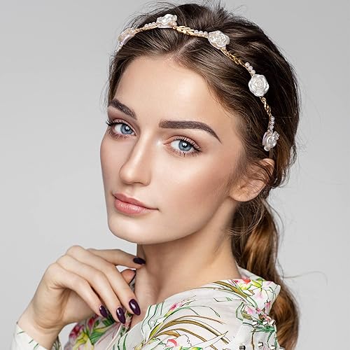 Miniatura 4 de OIIKI 2 diademas de color rosa para mujer, diademas florales de metal dorado y blanco, diadema de perlas para el cabello, accesorios de joyería para