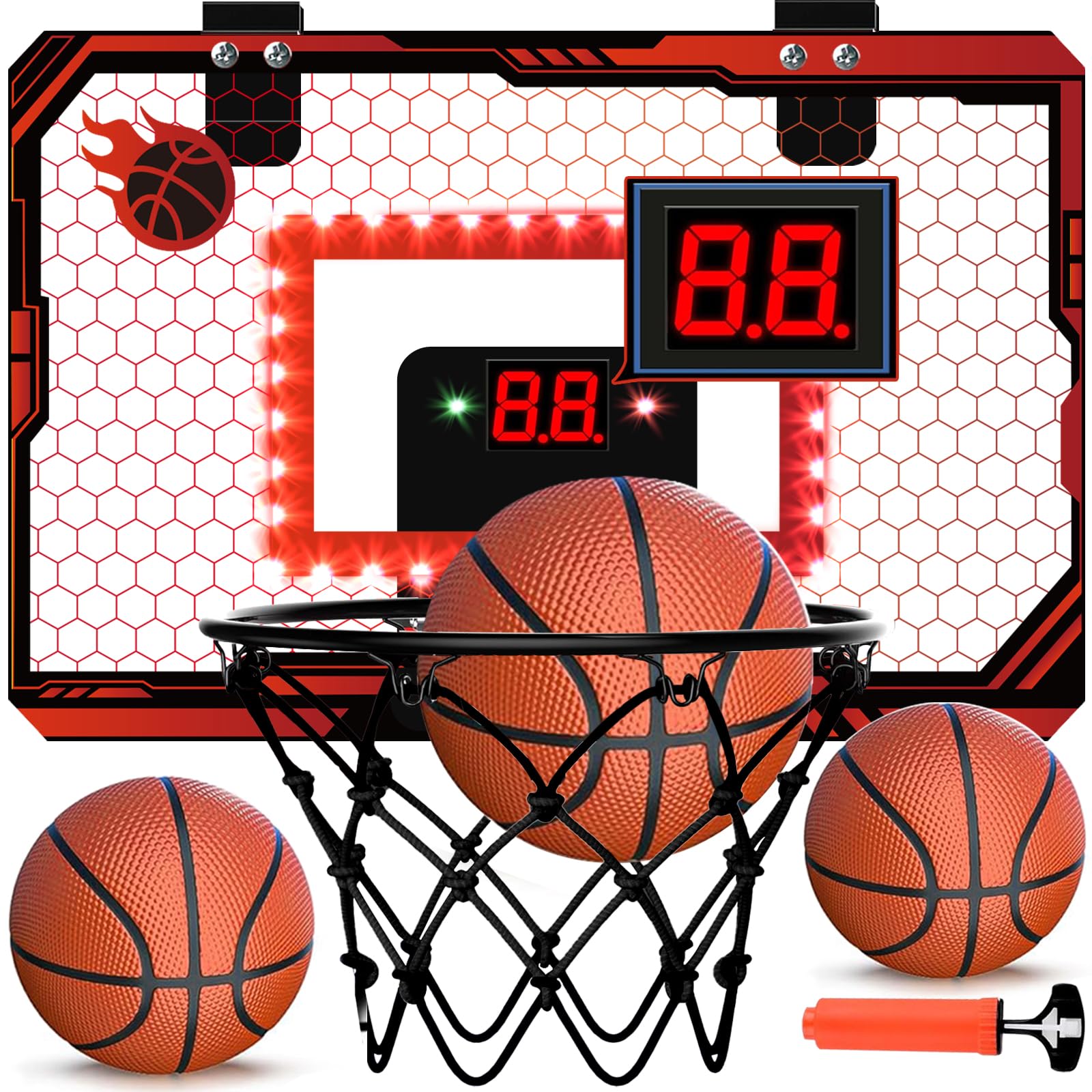 Mini Basketball Hoop Indoor, Over The Door Basketball Hoops with Led Lighting, Mini Hoop with Electronic Scoreboard & 3 Balls, Outdoor, Red, Sports Toys Gifts for 6 7 8 9 10 11 12+ Year Old Boys