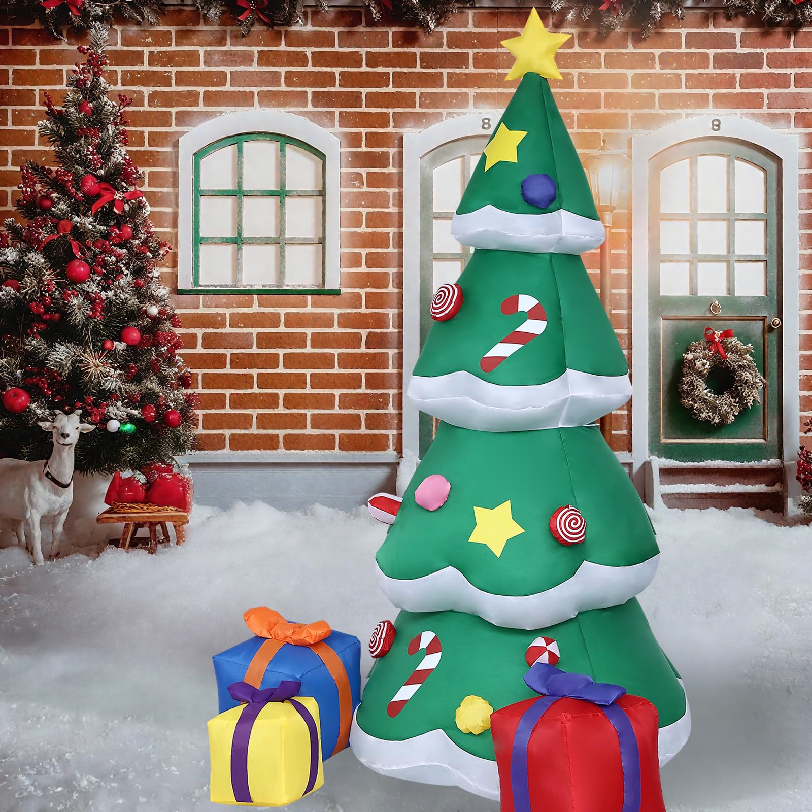 OHMG 2,1 m Decorazione natalizia per esterni, gonfiabile, con luci a LED, albero gonfiabile, con sacchetto regalo, gonfiabile, per giardino, prato, terrazza, festa
