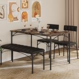 4 EVER WINNER Dining Table Set for 4, Kitchen Table with Upholstered Bench and 2 Chairs, Dining Room Table Set for Small Space, Apartment, Kitchen, Rustic Brown