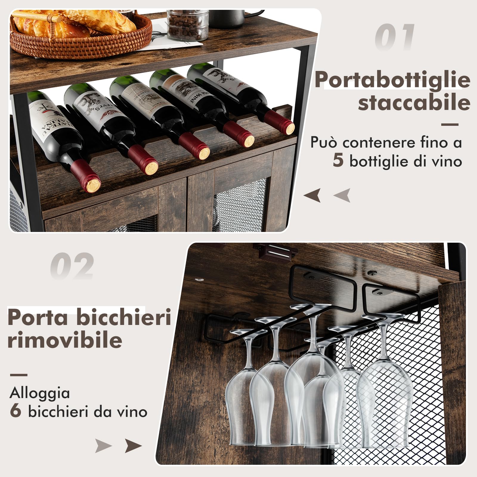 GYMAX Armadio per Vino per 5 Bottiglie Rimovibile, Armadietti di Vino con 6 Porta Calici, Mobile da Vino in Rete Metallica per Cucina, Sala da Pranzo, Industriale, 60 x 34 x 79 cm (Marrone)