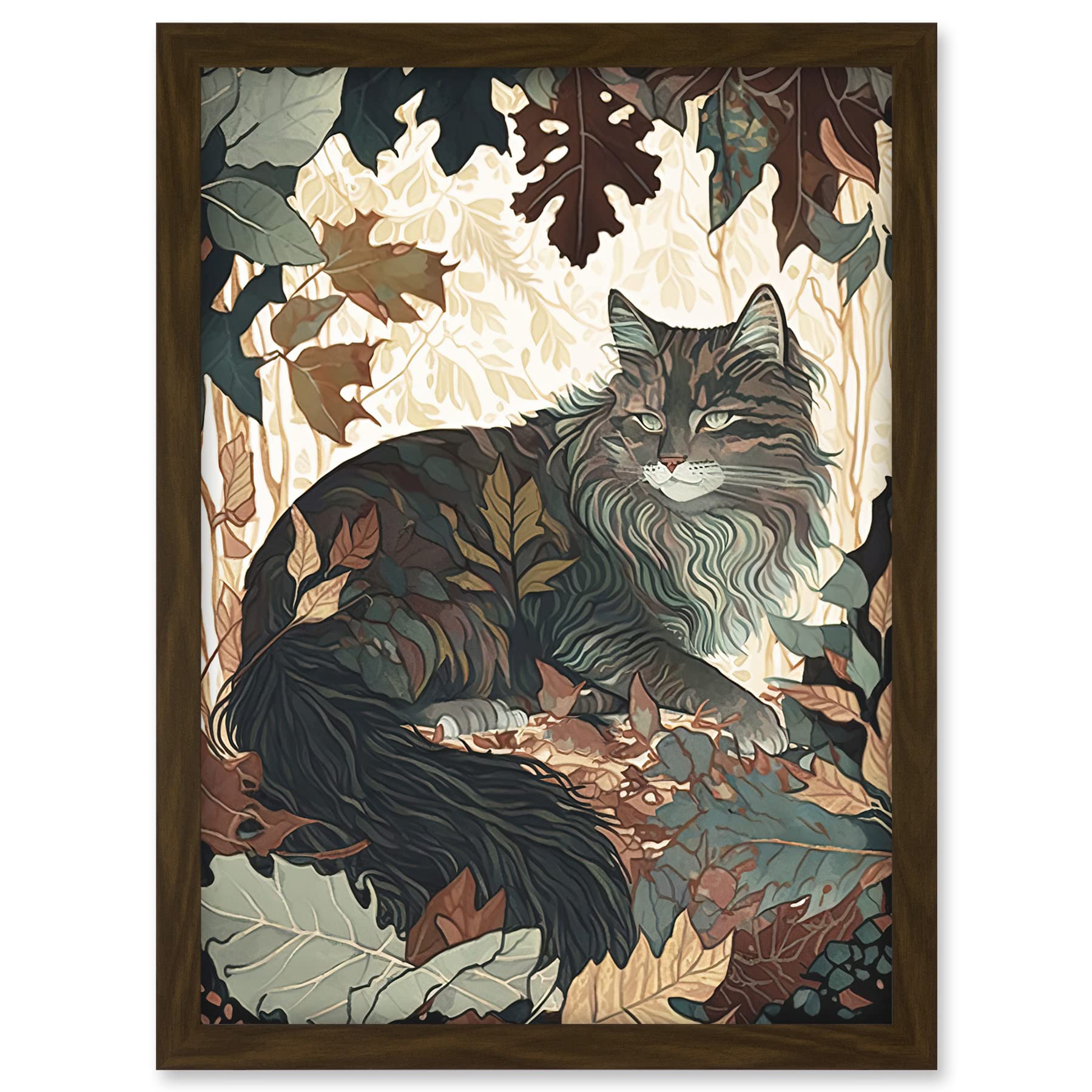 Artery8 Norwegian Forest Cat Resting Under Bush Trees Modern Illustration Artwork Framed A3 Wall Art Print