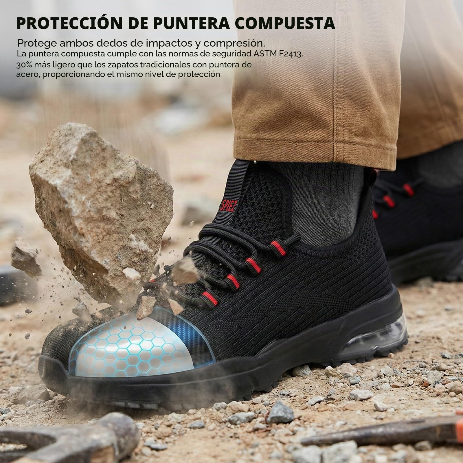 SPIEZ Zapatos de Seguridad para Hombre y Mujer, Zapatillas de Trabajo Ligeras con Puntera Composite, Antideslizantes y con Amortiguación de Aire, Negro/Rojo, EU 36-46