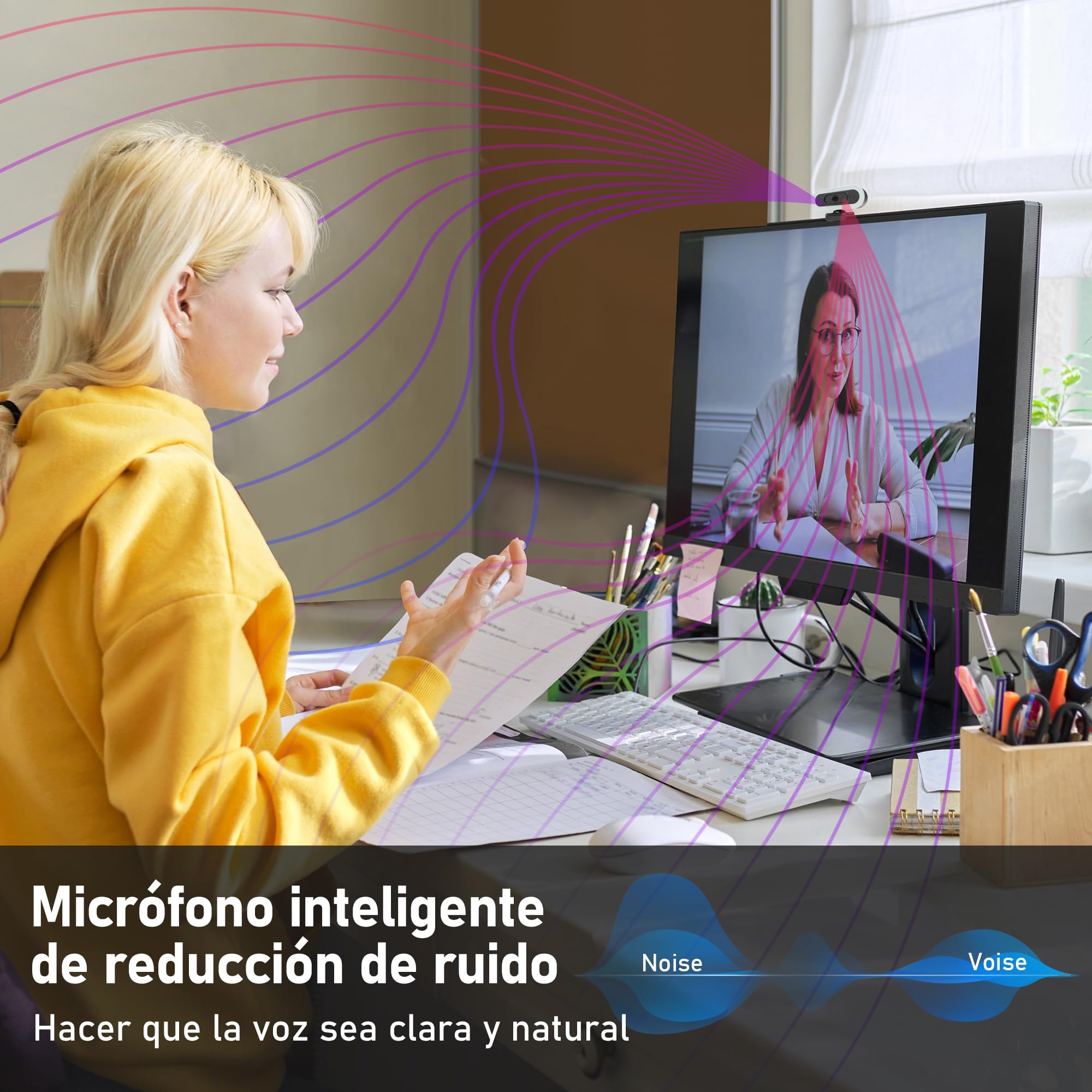 W8LS Webcam 4K 30FPS con Micrófono Anti-Ruido, Luz de Anillo LED, Autofoco, Corrección de Luz, 78°Gran Angular, Tapa Privacidad, Plug & Play, Trípode - comptible Zoom, Teams, OBS y Switch 2