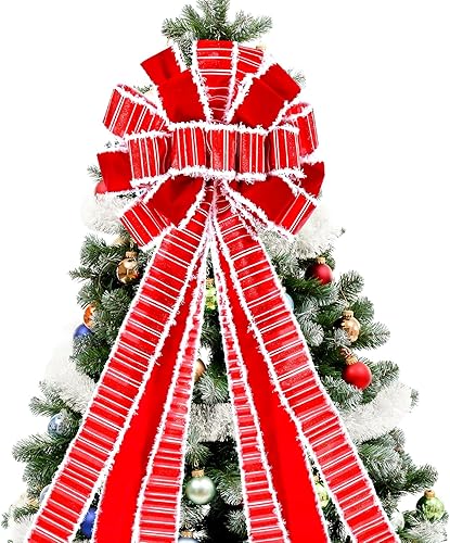 Miniatura 2 de Decoración para árbol de Navidad, lazo grande rojo para árbol de Navidad, arpillera con borde de poliéster blanco, lazo de regalo para adorno de
