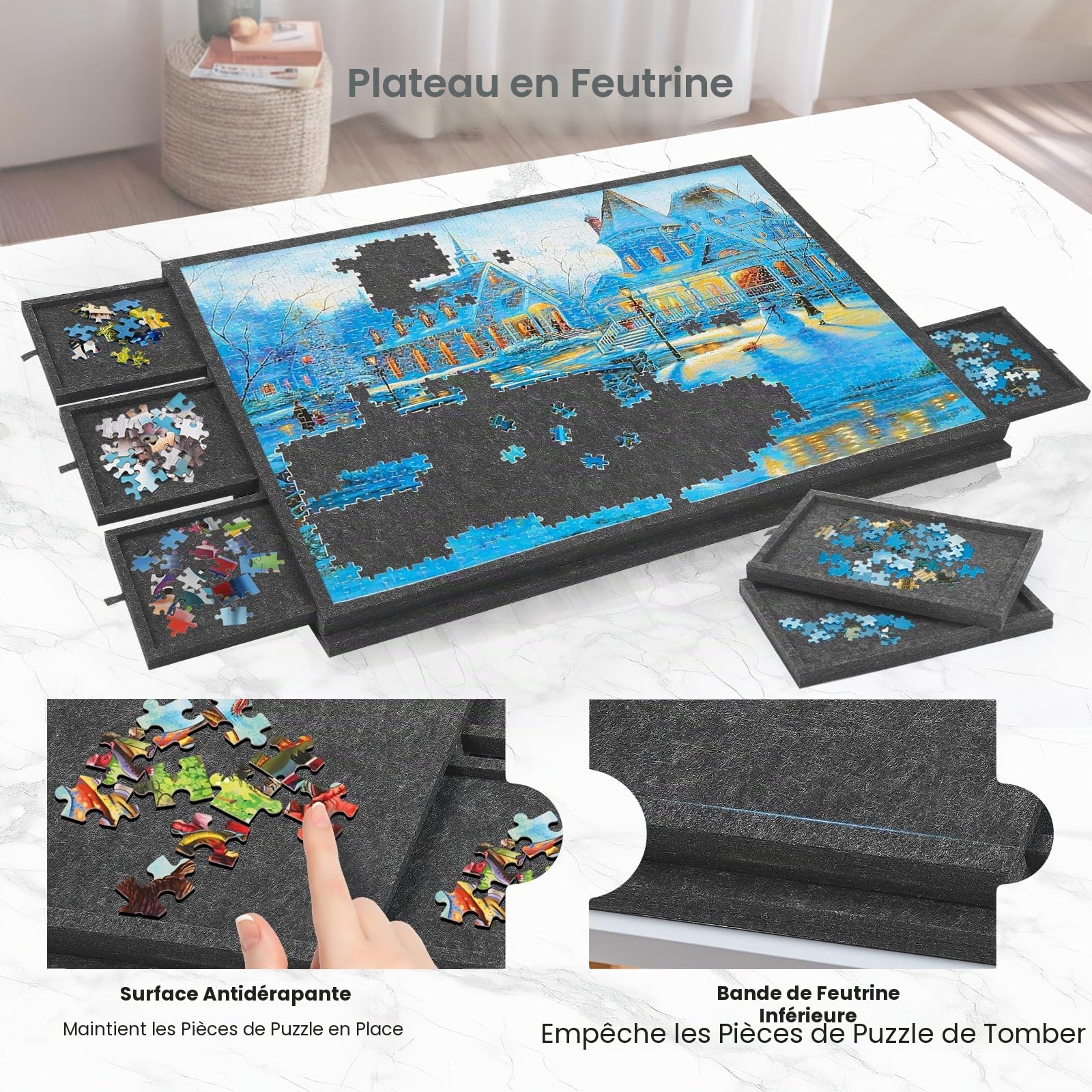 Planche à puzzle pliable en feutre antidérapant de 1500 pièces, 6 tiroirs de tri avec poignées, angle réglable, légère et portable, table de puzzle pliable en feutre