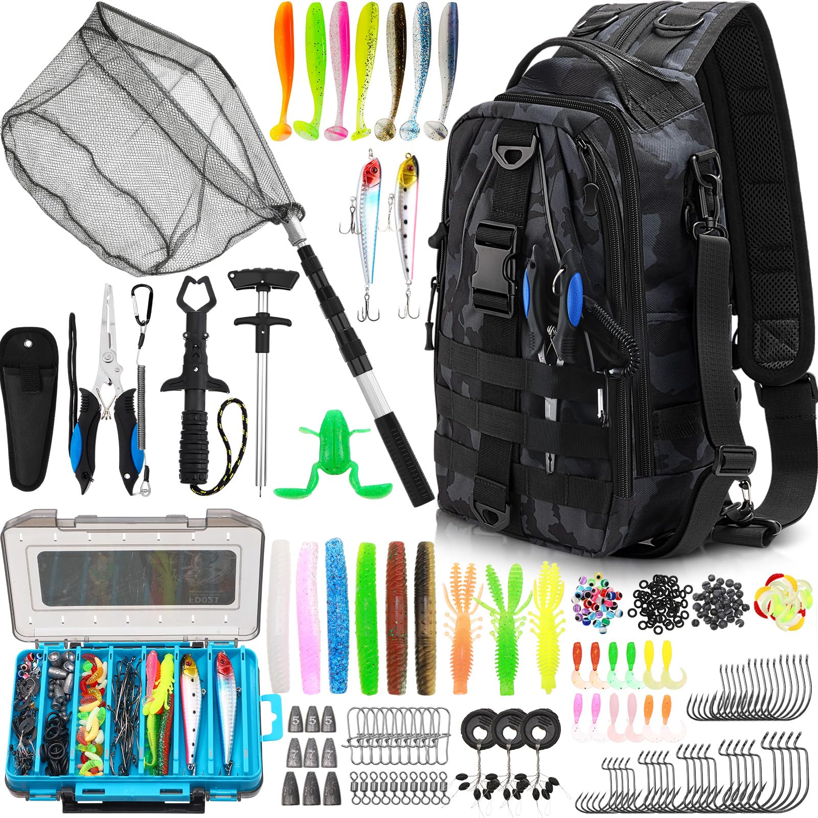 RoundFunny 256 Pcs Fishing Backpack with Tackle Boxes and Gears Tackle Sling Bag Backpack with Fishing Hooks, Lures, Retractable Landing Net, Pliers, Lip Gripper, Hook Remover, Fish Gifts for Men
