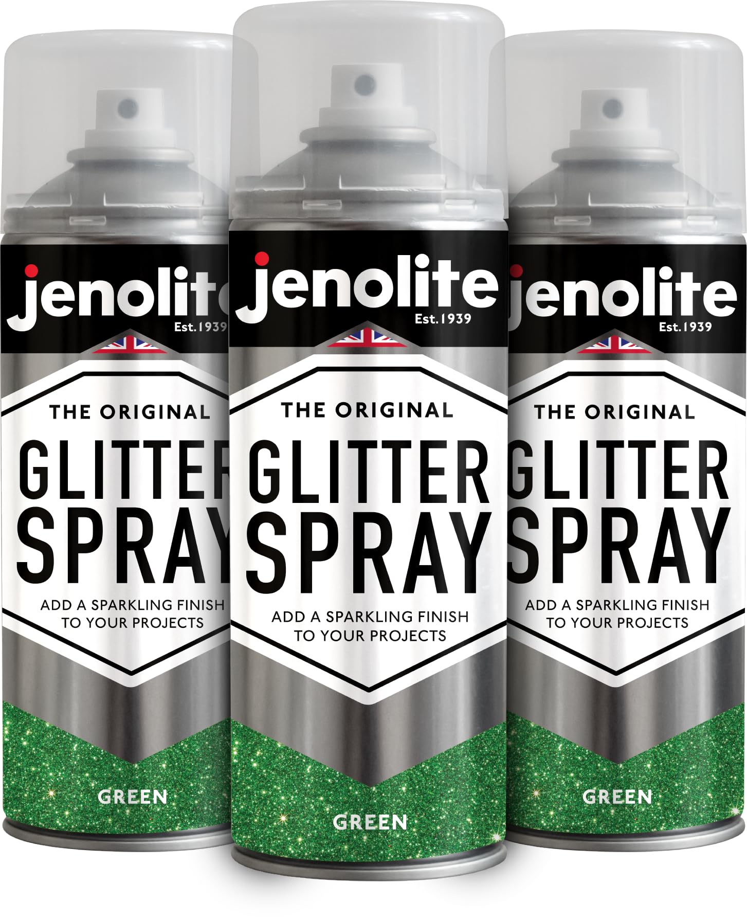 JENOLITE Pintura en aerosol con purpurina | VERDE | Pintura con purpurina de colores | Multisuperficie | Ideal para Marcos de Fotos, Espejos, Adornos y Manualidades | 3 x 400ml