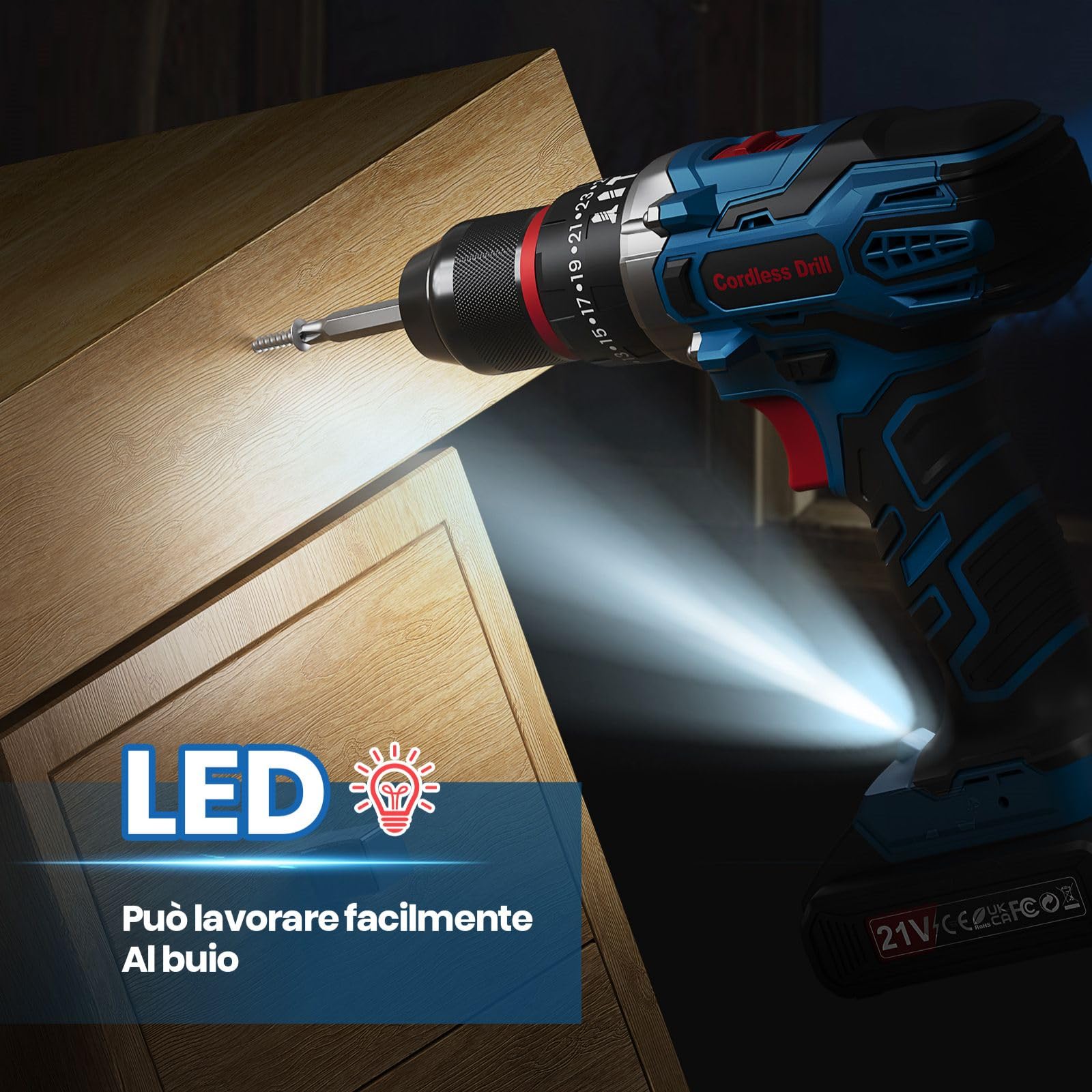 Trapano A Percussione 21V, Trapano Avvitatore Batteria con 2 Batterie 2,0Ah, Avvitatore a Batteria Coppia Massima di 45Nm, 2 Velocità, 25+3 Coppia, 10mm Morsa, Set di Accessori 29 Pezzi con Valigetta