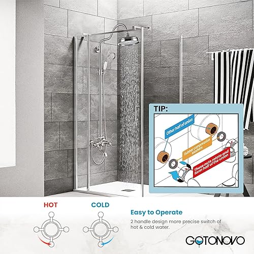 Miniatura 5 de gotonovo Sistema de ducha de baño expuesto de 8 pulgadas, cabezal de ducha de lluvia de mano, tubo de latón, montaje en pared de 3 funciones, pomos
