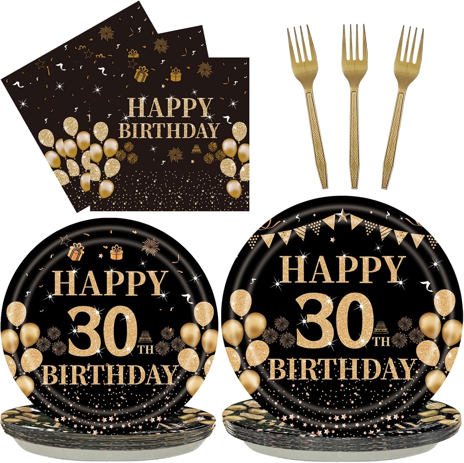 96PCS 13th Birthday Party Plates Set Black and Gold Theme Decorations Include Black Gold Plates and Napkins Forks for 13 Year Old Boys Girls Birthday Party Supplies Serves 24 Guests