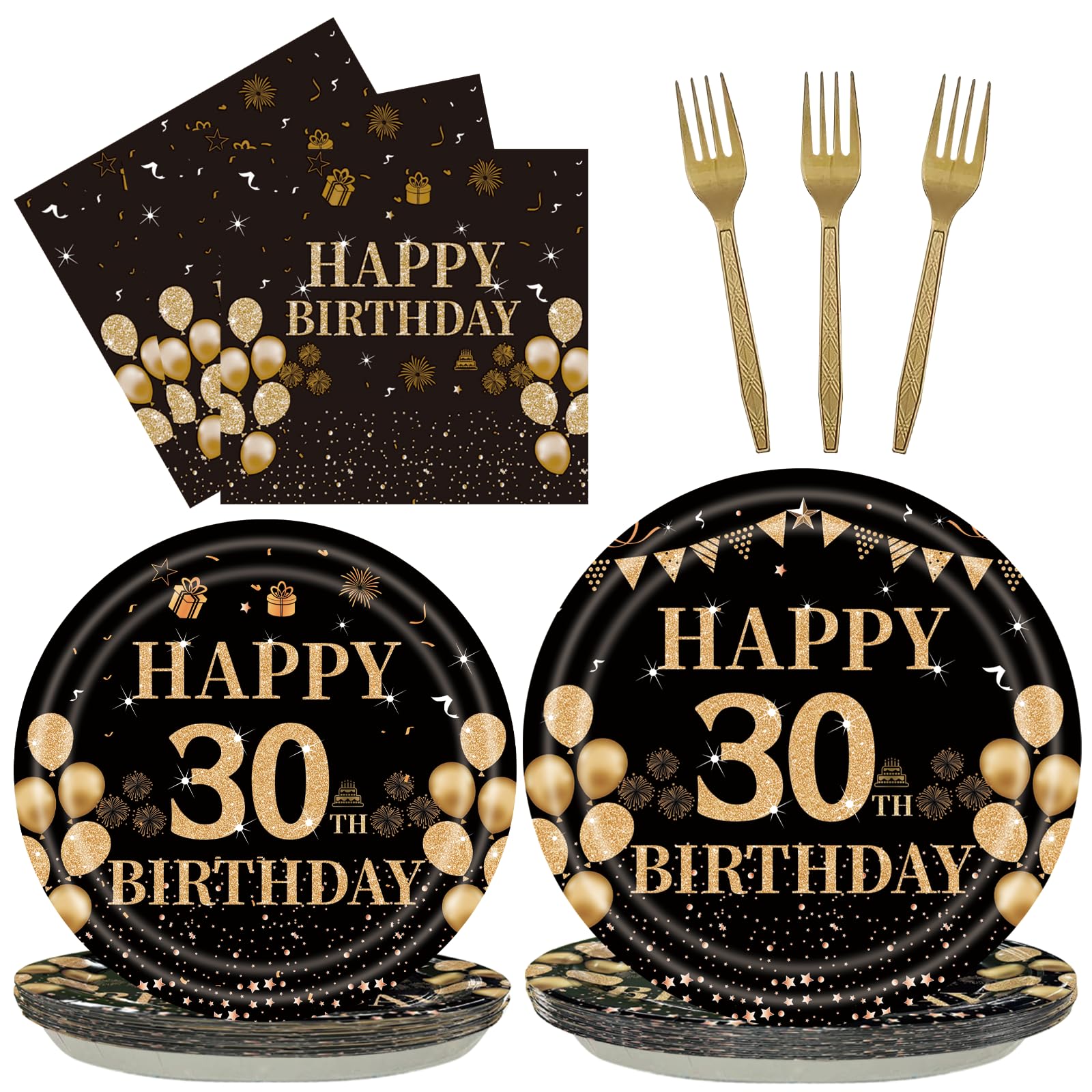 96PCS 30th Birthday Party Plates Set Black and Gold Theme Decorations Include Black Gold Plates and Napkins Forks for 30 Year Old Men Women Birthday