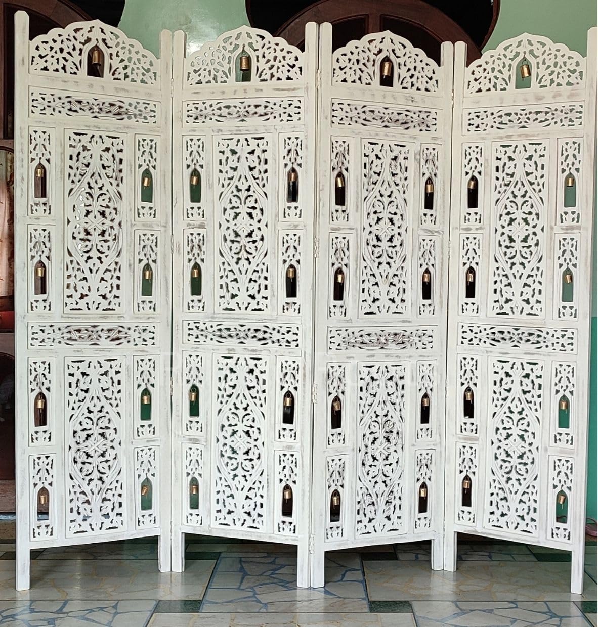 Rustic Roots -Foldable Screen Separator for Living Room, Wooden Room Divider Partition, Pooja Room, || 6 Feet, with Intricate Carvings and Brass Bell Design. (White, 6 Feet, 4 Panel)-image-21