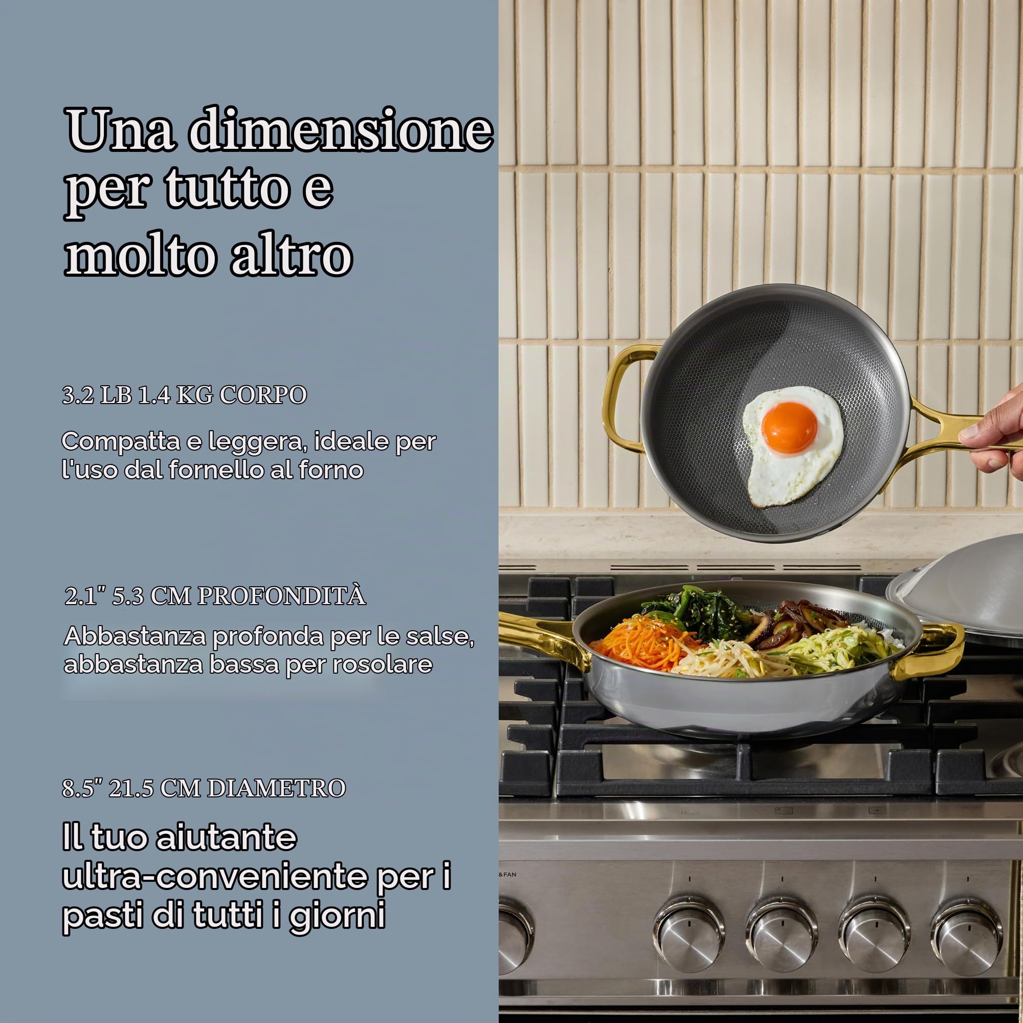 Our Place Titanium Always Pan Pro - Padella antiaderente senza rivestimento da 26,9 cm, in titanio e acciaio inox, a tre strati, sicura per forno, induzione e tutti i piani cottura fino a 398,9 °C
