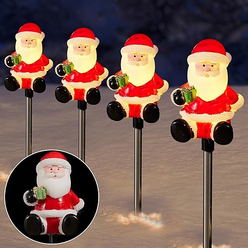 BlcTec Decoraciones navideñas para exteriores, 4 luces de Navidad de Papá Noel con estacas de acero inoxidable, luces de camino a pilas con