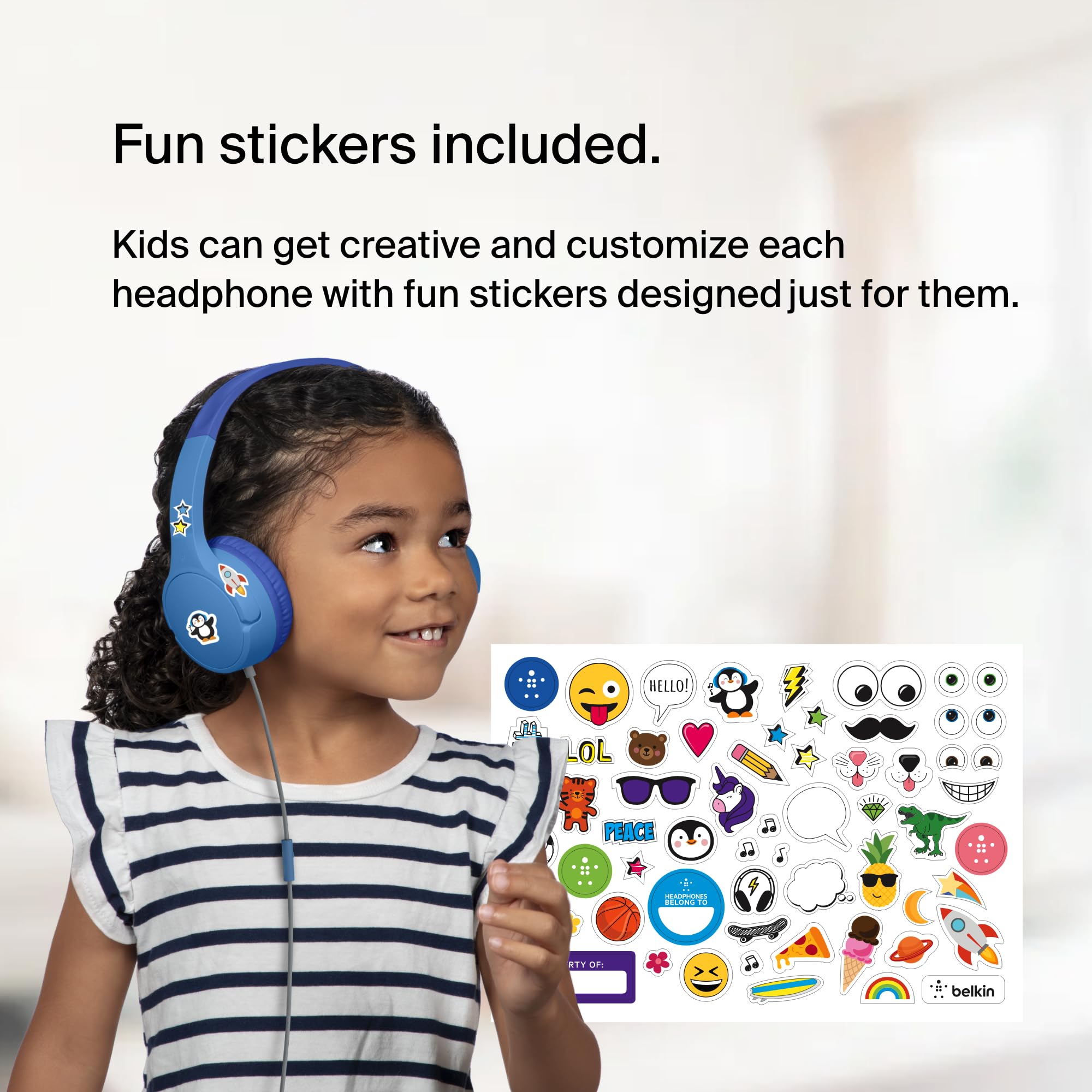 Belkin SoundForm Mini przewodowe słuchawki nauszne dla dzieci, słuchawki dla dzieci z mikrofonem liniowym do nauki zdalnej, szkoły, podróży, grania, do urządzeń zgodnych z gniazdem 3,5 mm niebieskie