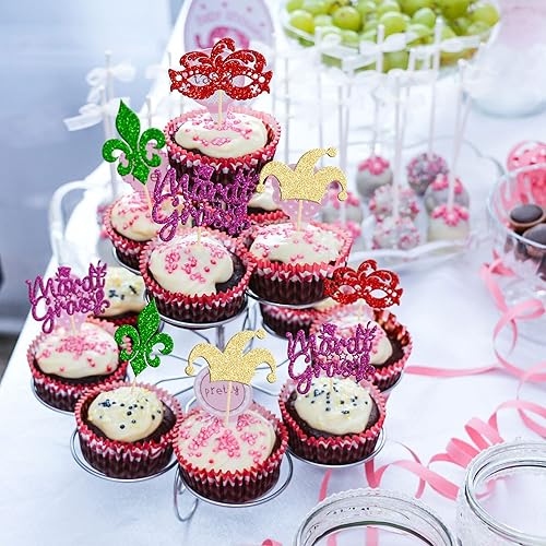 Miniatura 5 de Gyufise 24 máscaras de mascarada para cupcakes con purpurina para despedida de soltera, selecciones de comida para bailes de máscaras, Mardi Gras,
