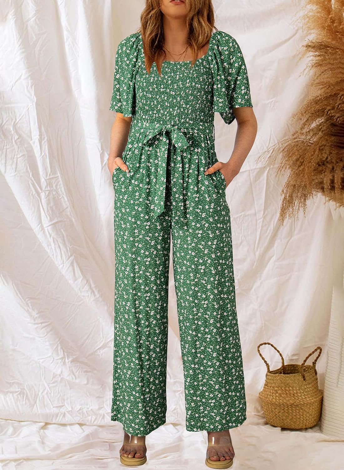 Happy Sailed Womens Summer Jumpsuits Floral Printed Short Sleeve High Waisted Pockets Wide Leg Rompers Beach Vacation Outfits - Image 3