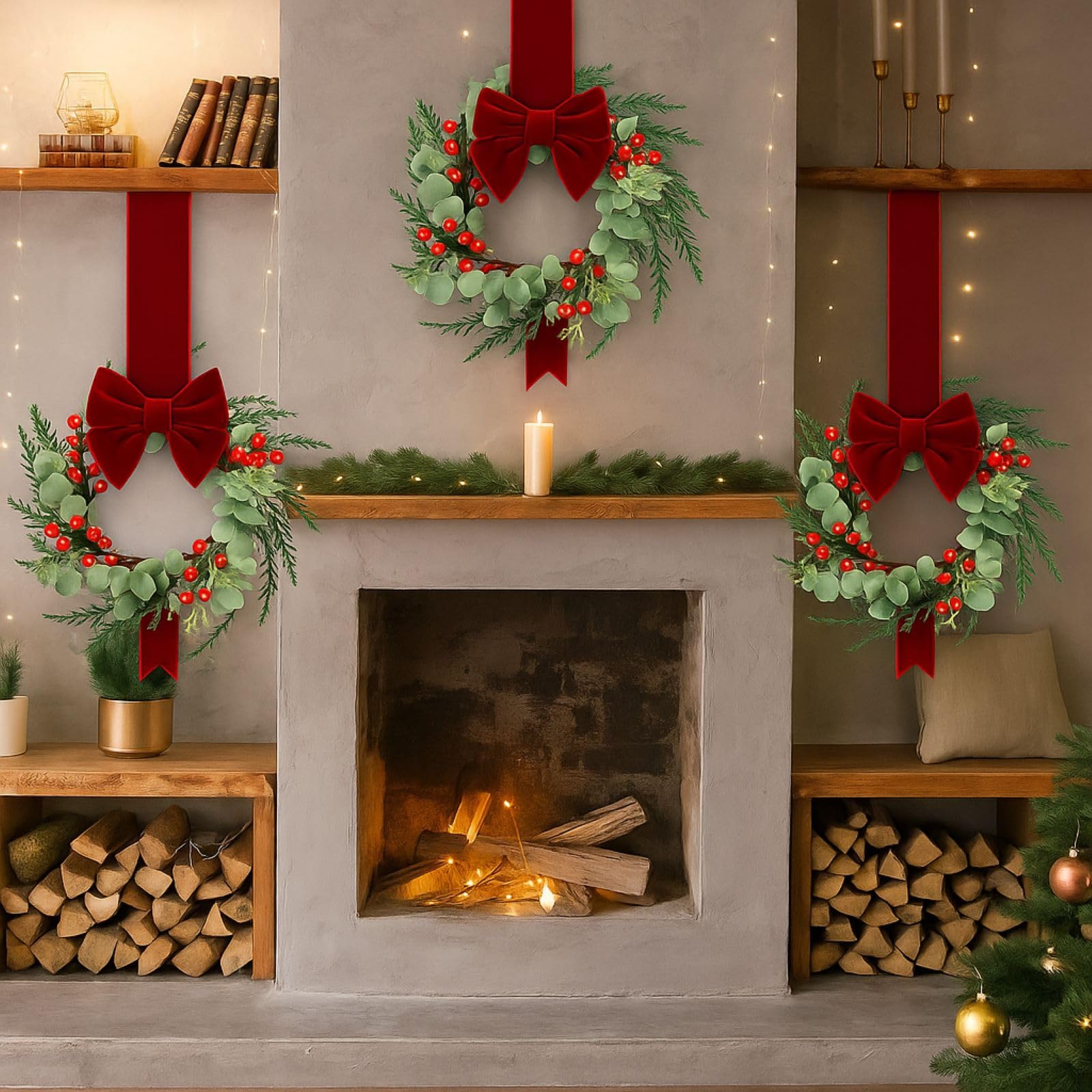 Lot de 8 anneaux de bougie de Noël artificiels baies rouges avec aiguilles de pin enneigées pour piliers rustiques pour décoration de table de mariage pour porte d'entrée