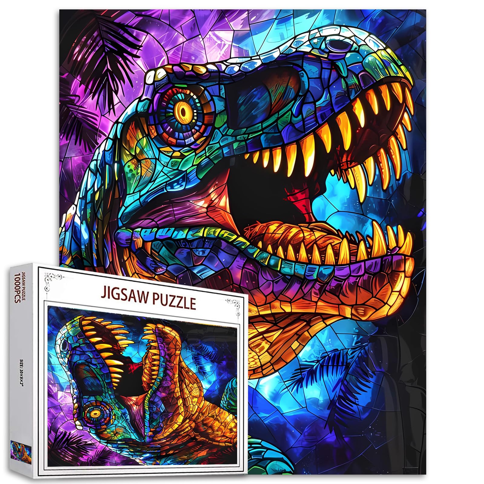 Glass Dinosaur Jigsaw Puzzle，T-Rex 1000 Pieces Jigsaw Puzzles for Adults，27 x 20 Inches Puzzles for Families，HD Quality Stained Glass Dinosaur Photo Puzzle Gift，Family Activity Perfect for Game Nights — image 1