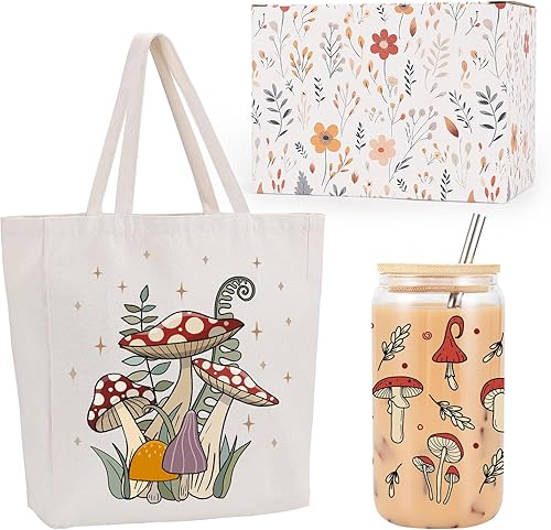 Miracu Regalos de hongos para mujeres, amantes de los hongos, bolsa de lona de 16 onzas, juego de regalo de taza de café helado, lindo tema de
