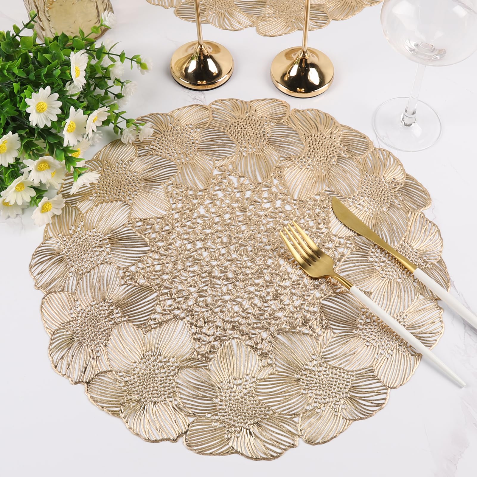 Mabbcoo Gold Round Placemats for Dining Table Set of 8 Pressed Vinyl Metallic Place Mats Table Mats for Wedding Anniversary Party Decorations