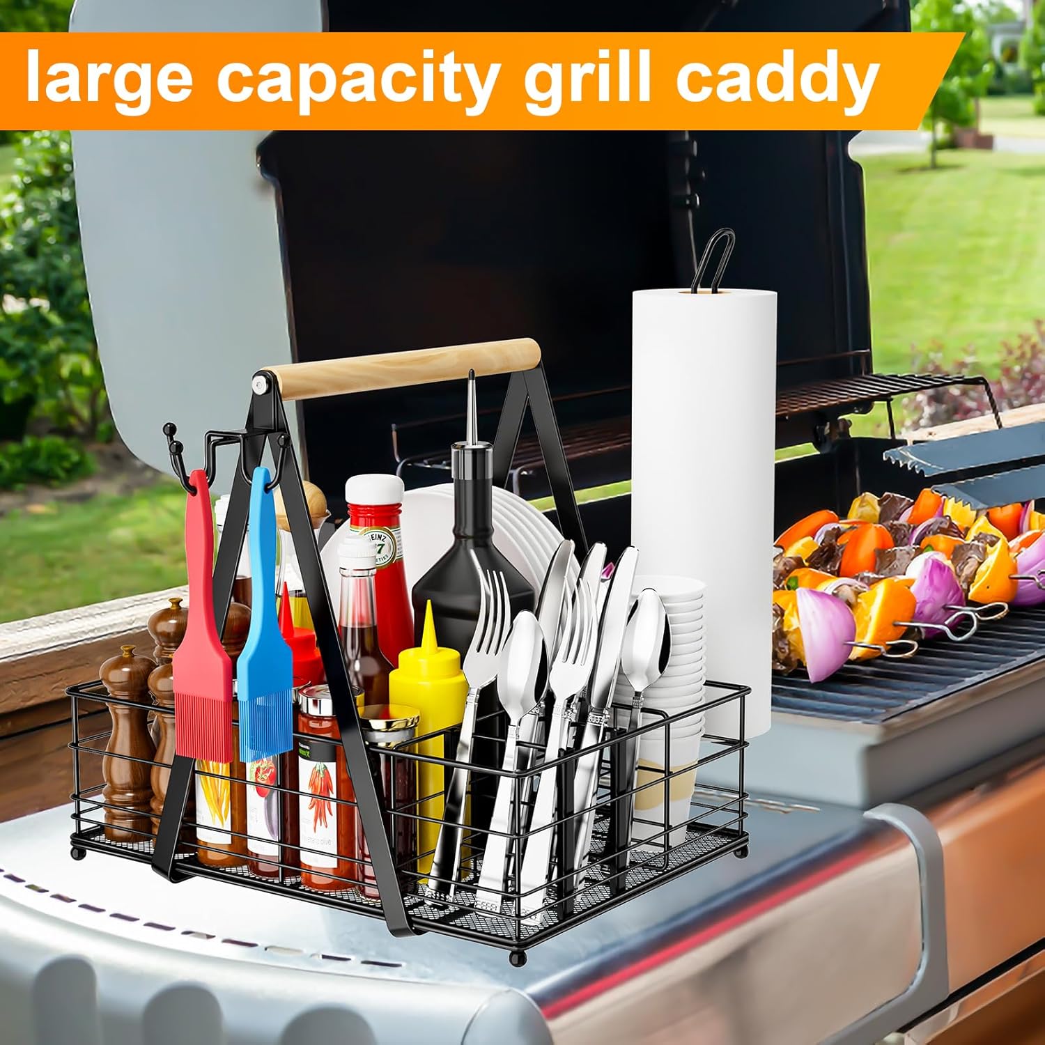Grill Caddy, BBQ Caddy for Outdoor Grill with Paper Towel Holder, Picnic Utensil Caddyfor Outdoor Kitchen, RV, Patio, Tailgate, Camping Essentials, Grilling Gifts for Men, Barbecue Tool Sets