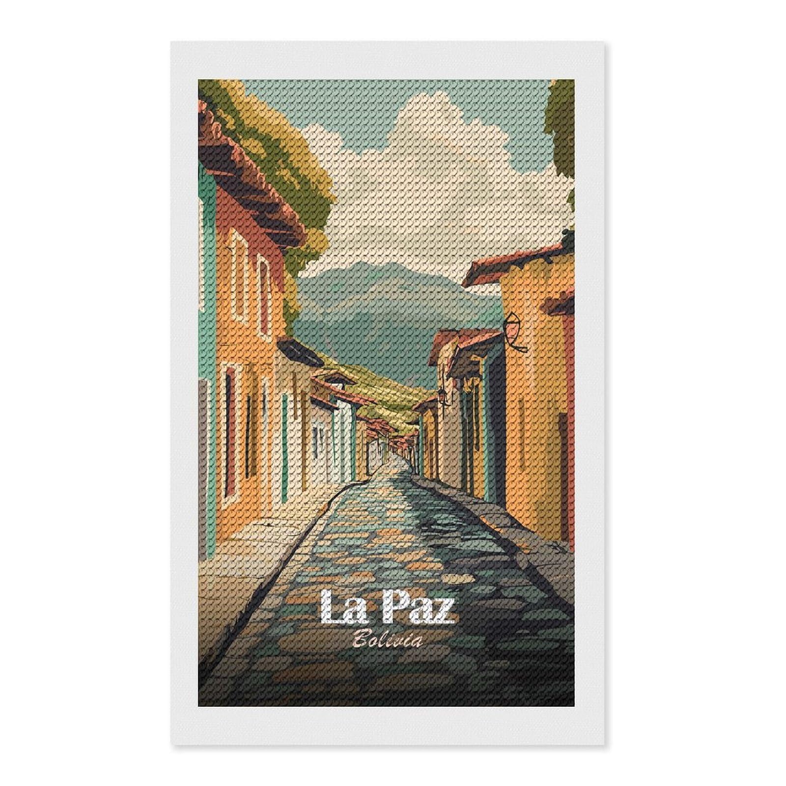 Junmoney La Paz, Bolivia Street View Illustration Diamond Painting Set 12"x20", Modern Decor, for Beginners, Printed Canvas, Thoughtful Handmade Gift, with Tool Kit