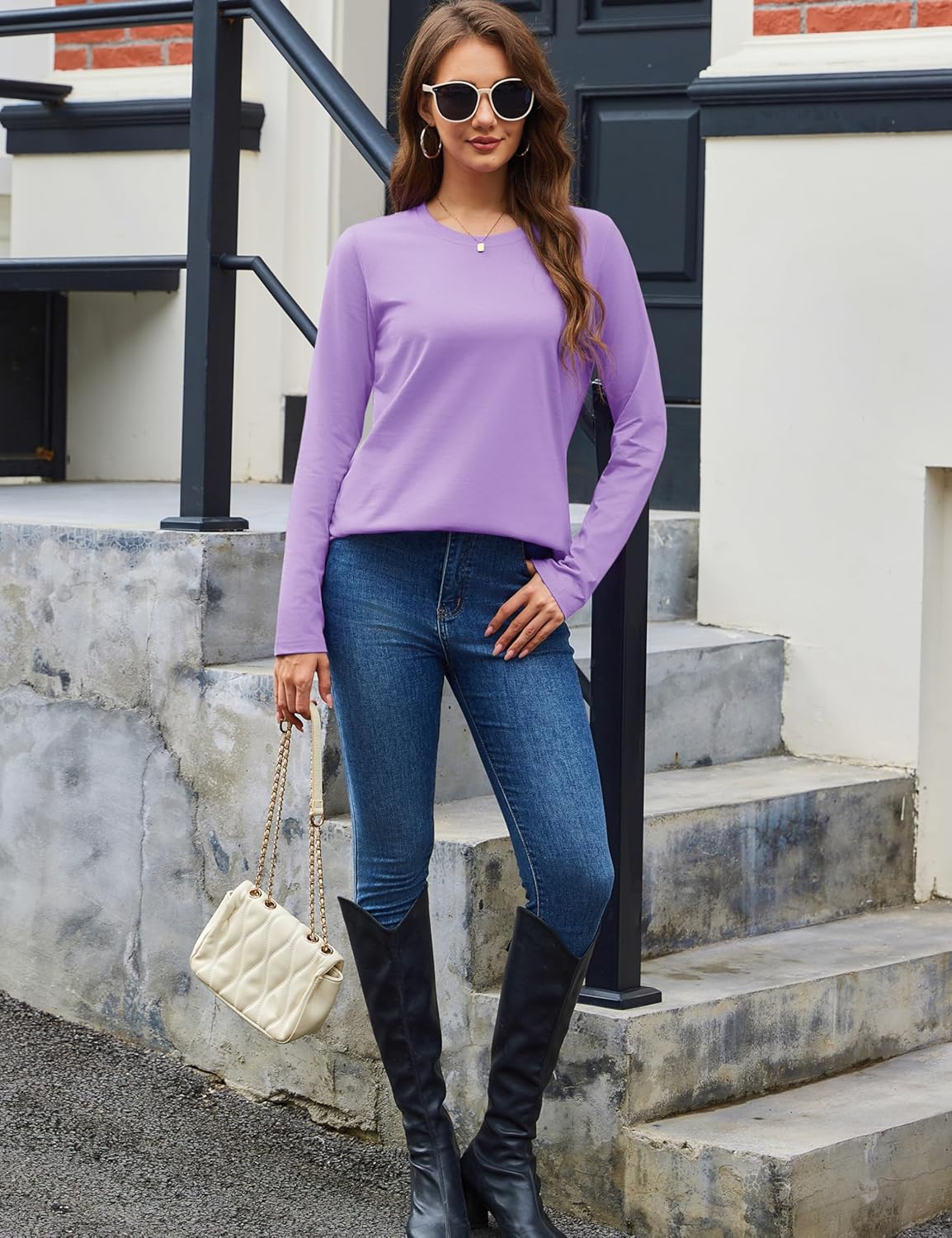 YUCOLEN Women's Cotton Long Sleeve Shirts Crewneck Cotton Basic T-Shirt Solid Color Soft Comfy Casual Tops Tees for Women - Image 6