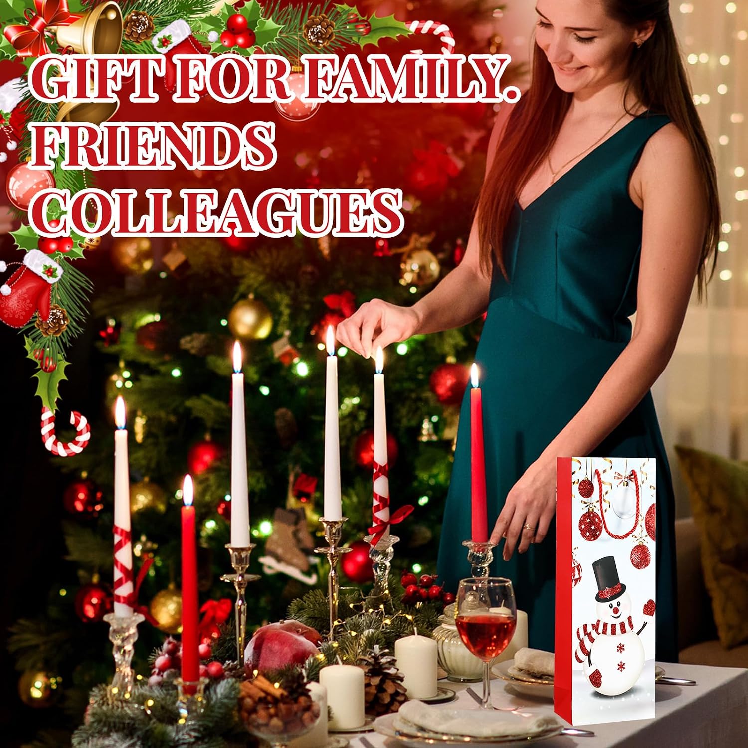 Cholemy 50 Pcs Christmas Wine Bottle Gift Bags Bulk Christmas Wine Champagne Bags with Handles for Bottles Gift Wrapping Holiday Party Favors (Mixed)