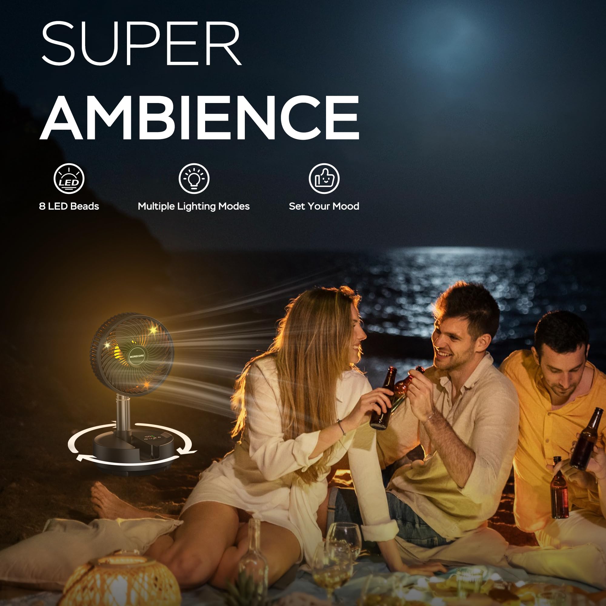 MORECORE Ventilatore Da Campeggio 20000mAh – 112h Di Autonomia, 9 Velocità, Luce LED, Oscillazione Automatica, Timer, Gancio Per Tenda, Display LED