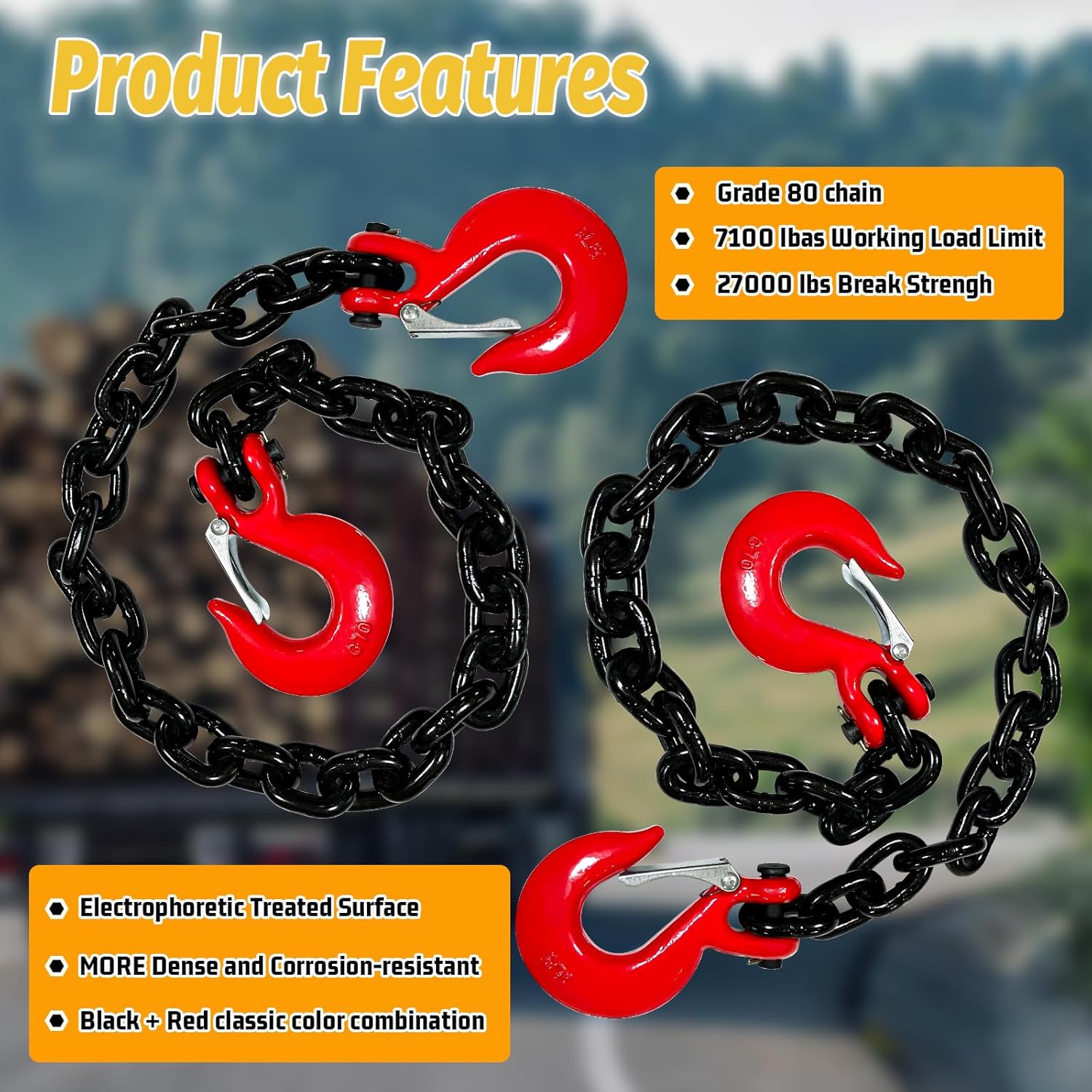 2 Pack 3/8" Trailer Safety Chains G80 36" Trailer Chains with G70 2× Clevis Safety Hooks|7100 lbs Working Load 27000 lbs Break Strength Heavy Duty Towing Transport Binding - Image 4