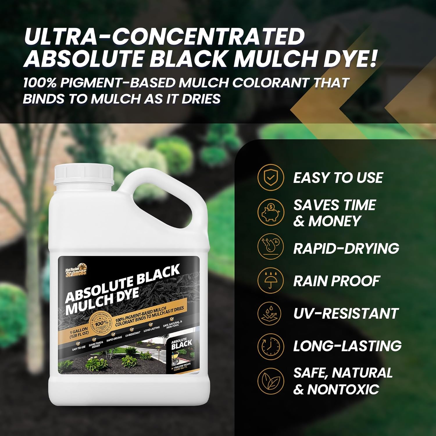 1 Gallon Absolute Black Mulch Dye - Covers up to 10,000 sq. ft., Liquid Mulch Dye Black, Premium Color, Ideal for Landscaping, Renews Faded Rubber or Wood Chips, Binds as it Dries