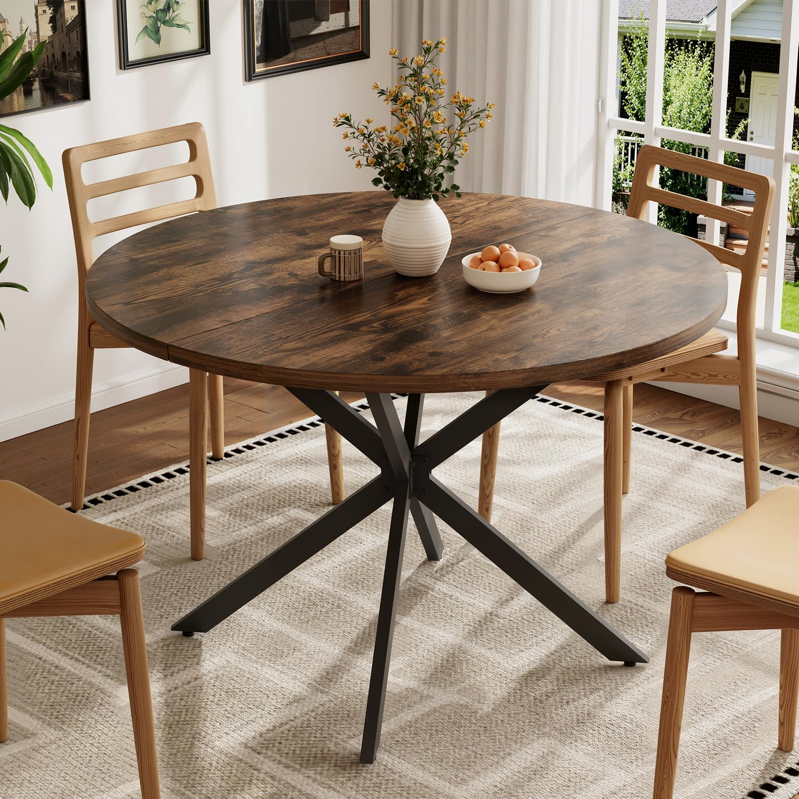 Vantic 47" Round Dining Table for 4-6 People, Farmhouse Wood Kitchen Table for Small Space,Circle Dining Table with Metal Base for Kitchen & Living