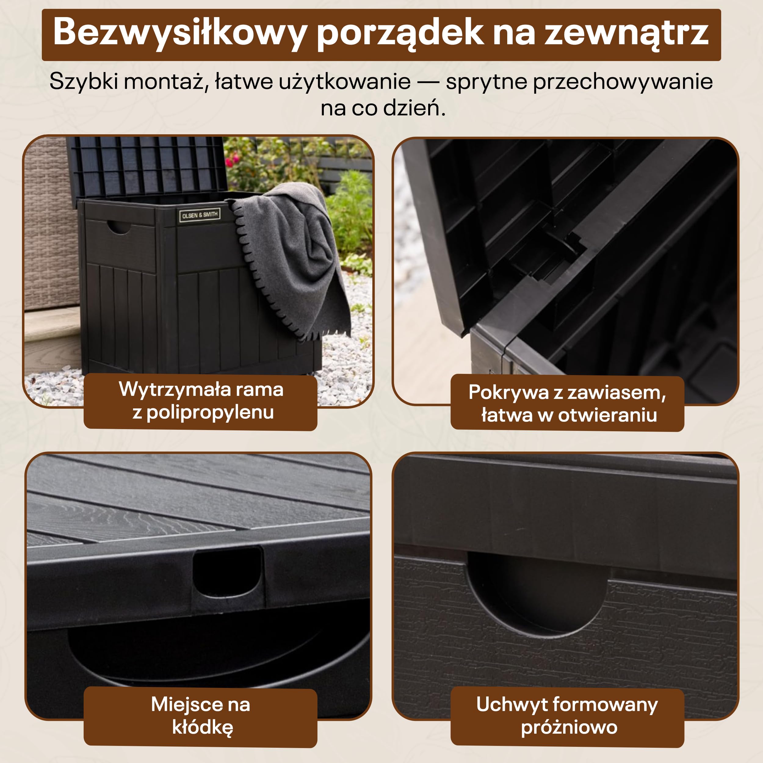 Olsen & Smith – Ogrodowa Skrzynia 126L | Wodoodporna i Odporna na Warunki Pogodowe | Zamykana Plastikowa Skrzynia | Pojemnik na Poduszki do Ogrodu, Na Balkon i Taras | Odporna na warunki atmosferyczne, efekt drewna, czarna skrzynia na poduszki, narzędzia,