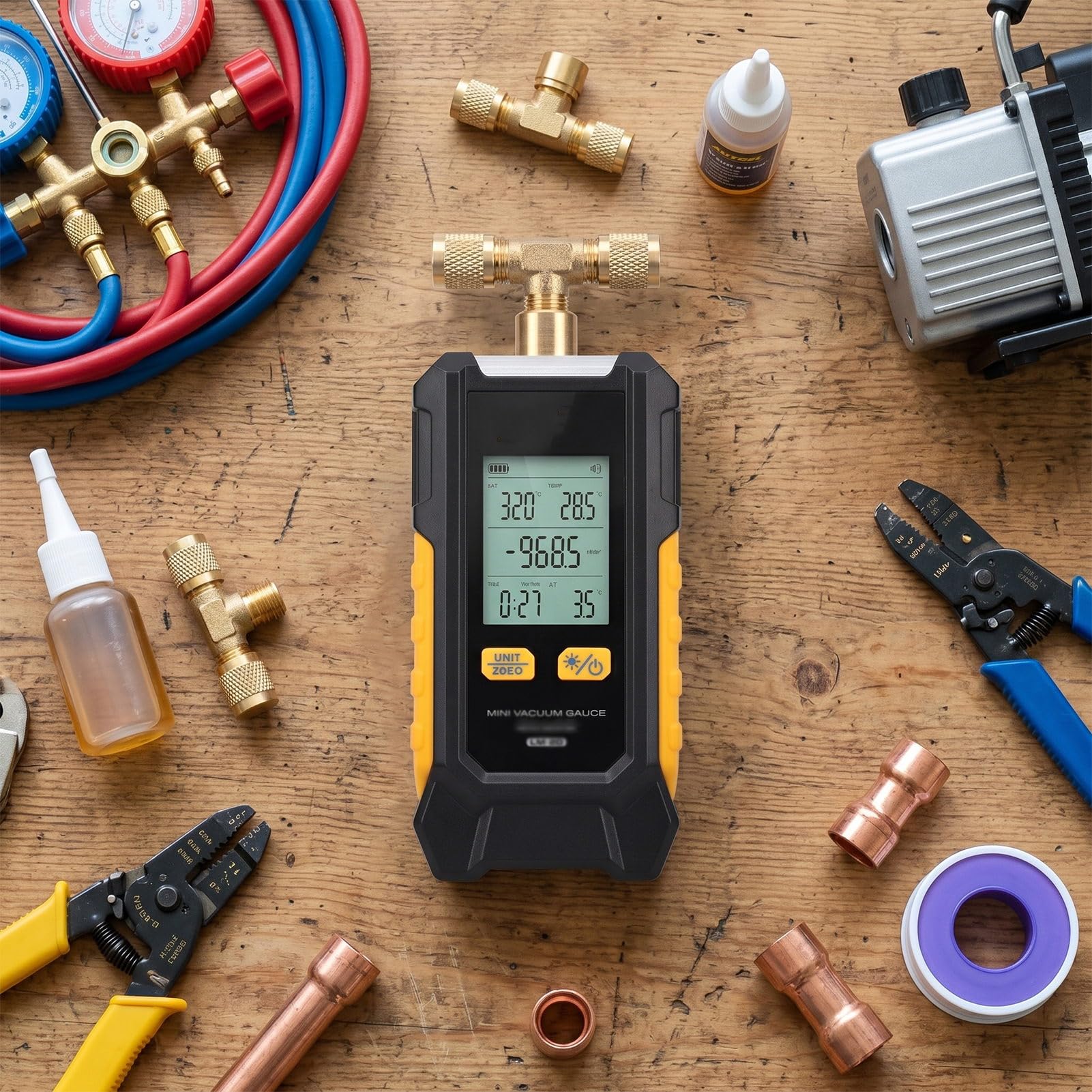 Luocute Vacuómetro Digital, Medidor de Vacío HVAC con Evacuación Inteligente y Detección de Fugas, Resolución de 0,01 Bar, Interruptor de 6 Unidades, Precisión ±0,1%, Calibración