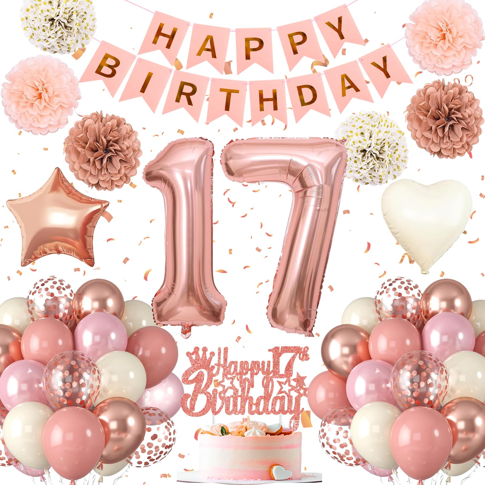 17th birthday decoration, 17th birthday balloon, rose gold decoration for 17th birthday, happy banner, pink gold balloons for girls