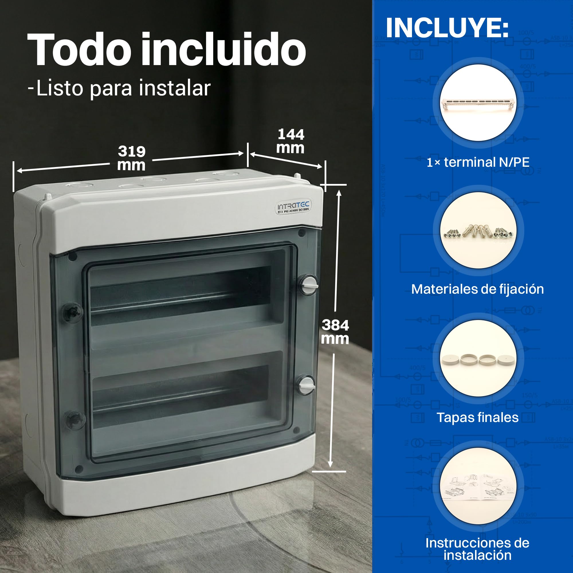 Intratec Caja de Distribución Superficie 2 Fila IP65 – Cuadro Eléctrico para 24 Módulos DIN – Caja de Subdistribución Estanca para Exterior Garaje Sótano Jardín – 400VAC 1500VDC, 318 x 384 x 144 mm