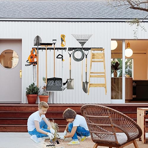 Miniatura 7 de ANEDER Paquete de 2 soportes de pared para trapeador y escoba, 4 estantes y 5 ganchos, organizador de escobas, estantes de herramientas de