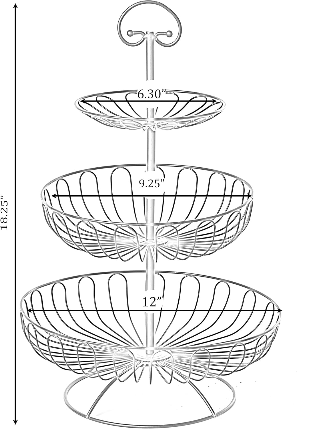 Basicwise 3 Tiers Wire Iron Basket Fruit Bowl, Black, Size:12" W x 12" D x 18.25" H