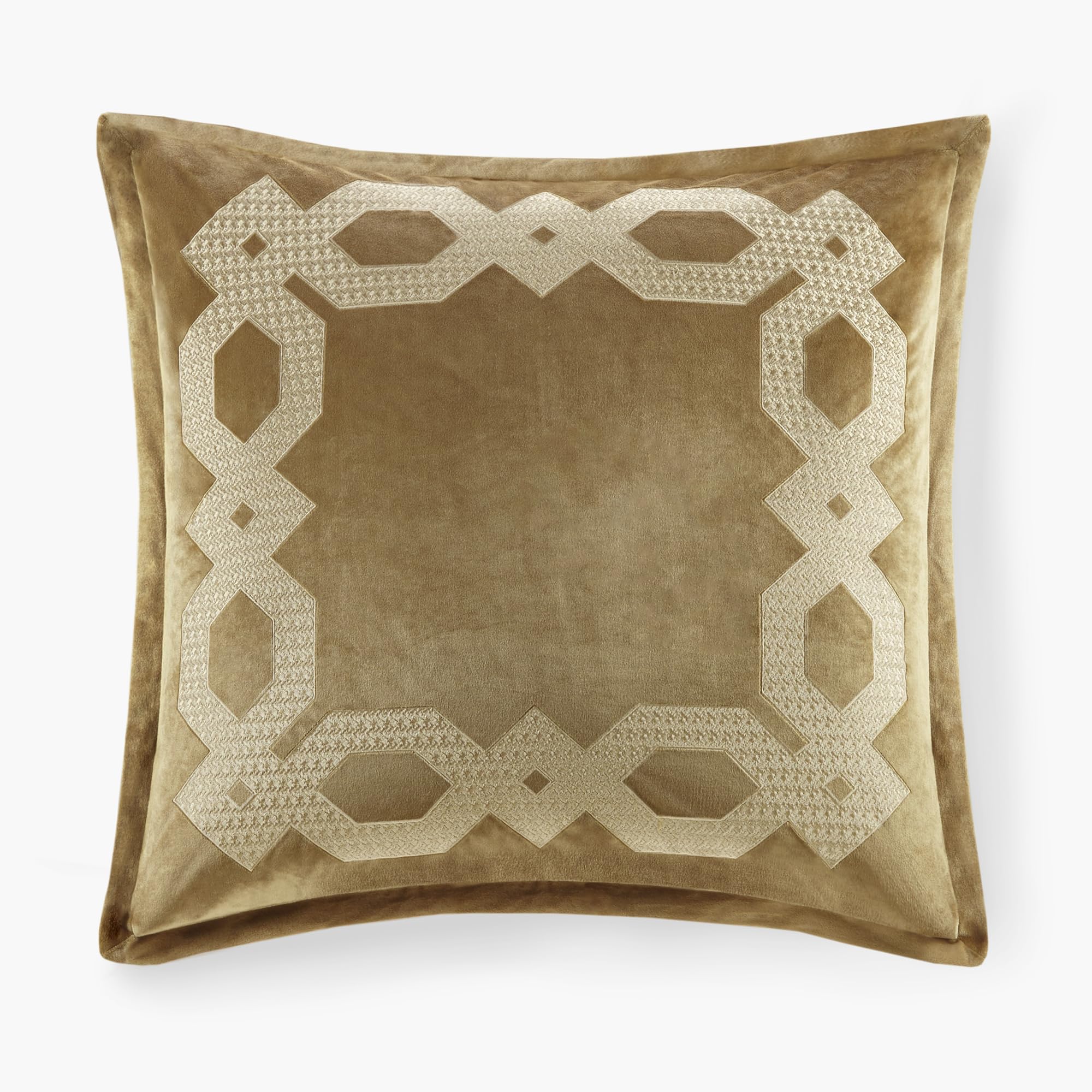 Velvet Euro Sham, Regal Geometric Metallic Embroidery Design with Flange, Soft Velvet 26" x 26" Pillow Cover, Hidden Zipper Closure (Cushion NOT Included) Clermont, Gold
