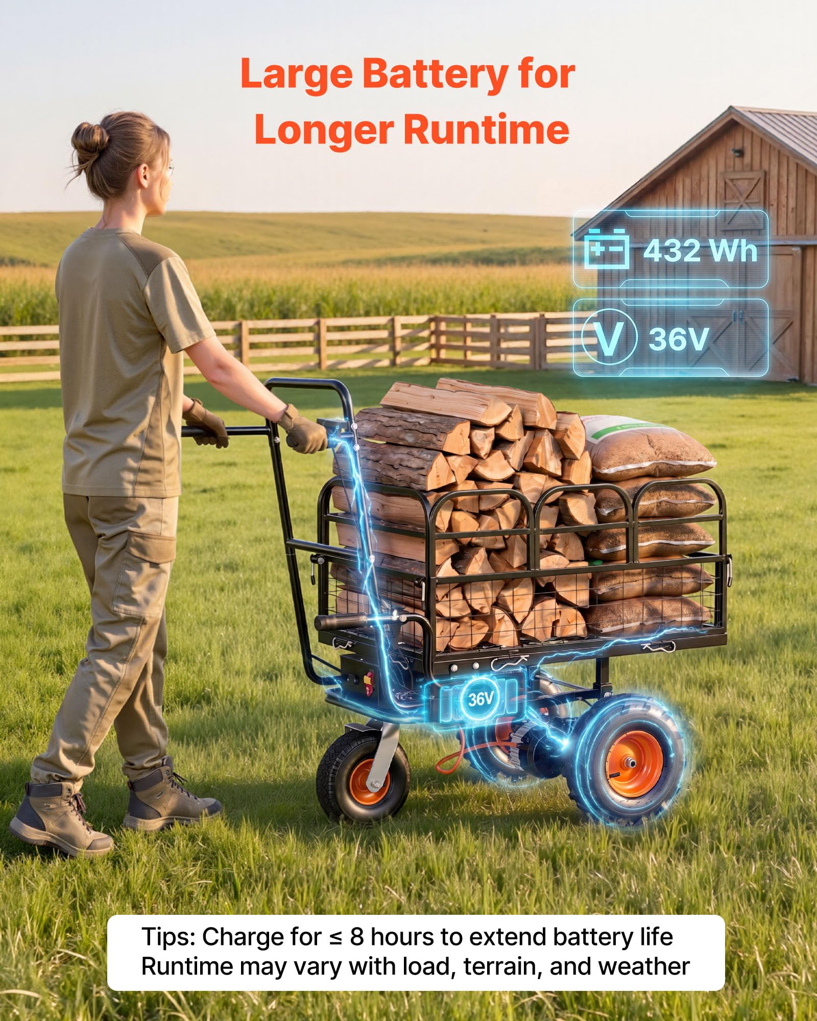 VEVOR Carrello Elettrico da Giardino, Carriola a Batteria da 36 V 432 Wh, 500 W con Freno, in Acciaio Portata 226 kg, con Pianale di Carico Modulare Multiuso, per Fattoria e Cortile Trasporto Oggetti