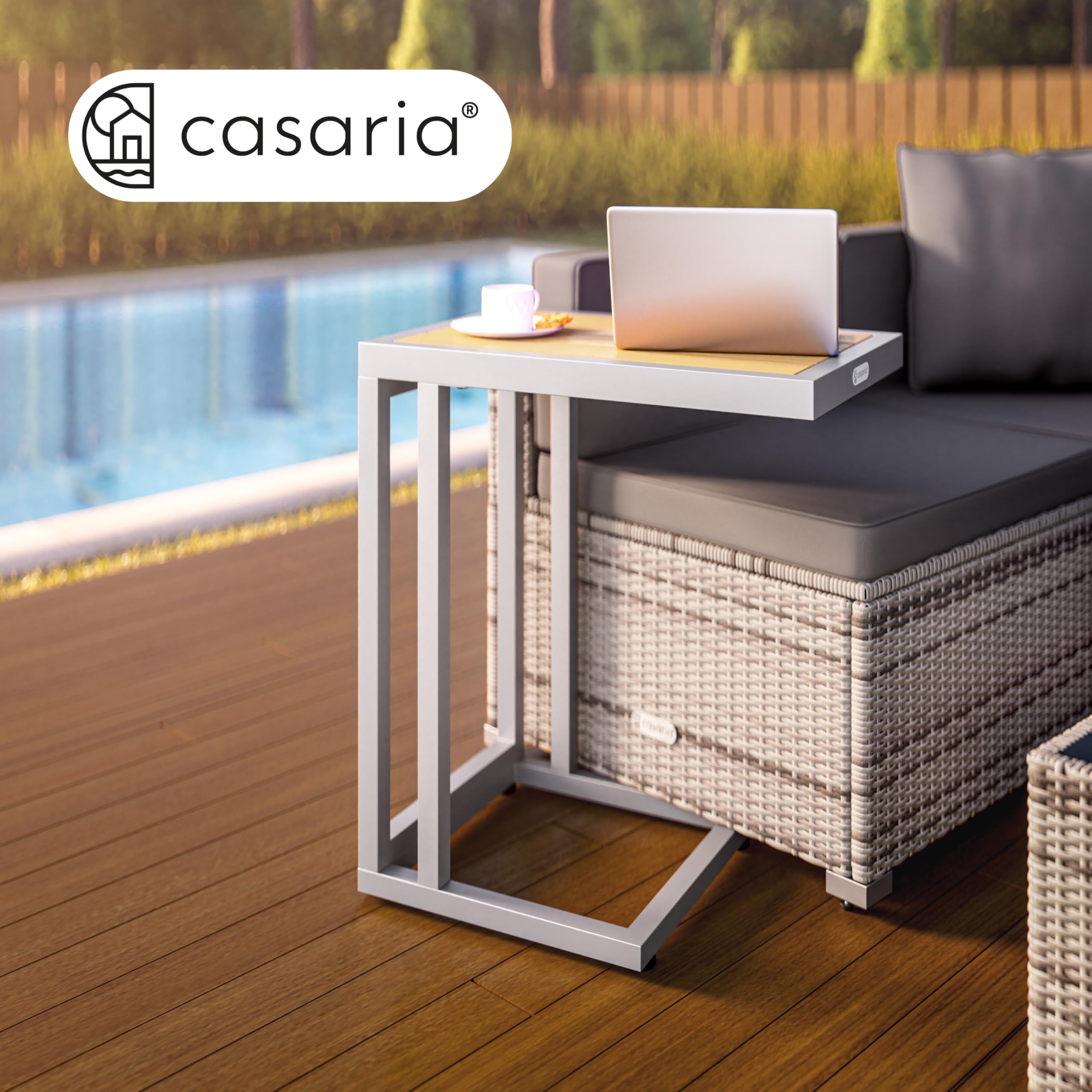 Casaria® Tavolo a C 50x40x66cm Piano in metallo WPC Portata 25 kg con Ruote Tavolino da Salotto Tavolino per Esterno