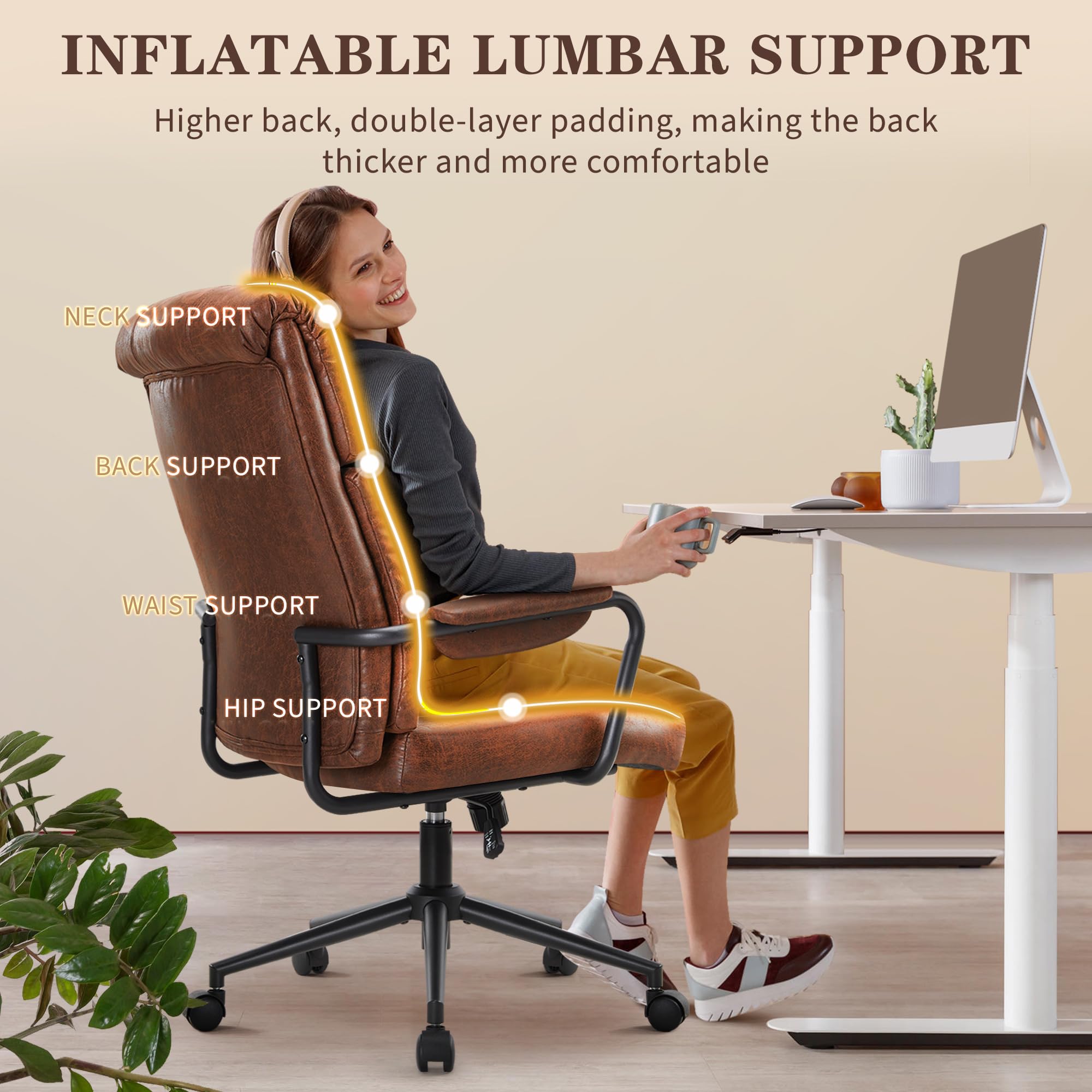 IWMH Krzesło biurowe, Ergonomiczne krzesło biurowe do gabinetu, obrotowe z podparciem lędźwiowym, wysokie oparcie, fotel szefa z regulacją wysokości, krzesło komputerowe do biura, salonu, sypialni