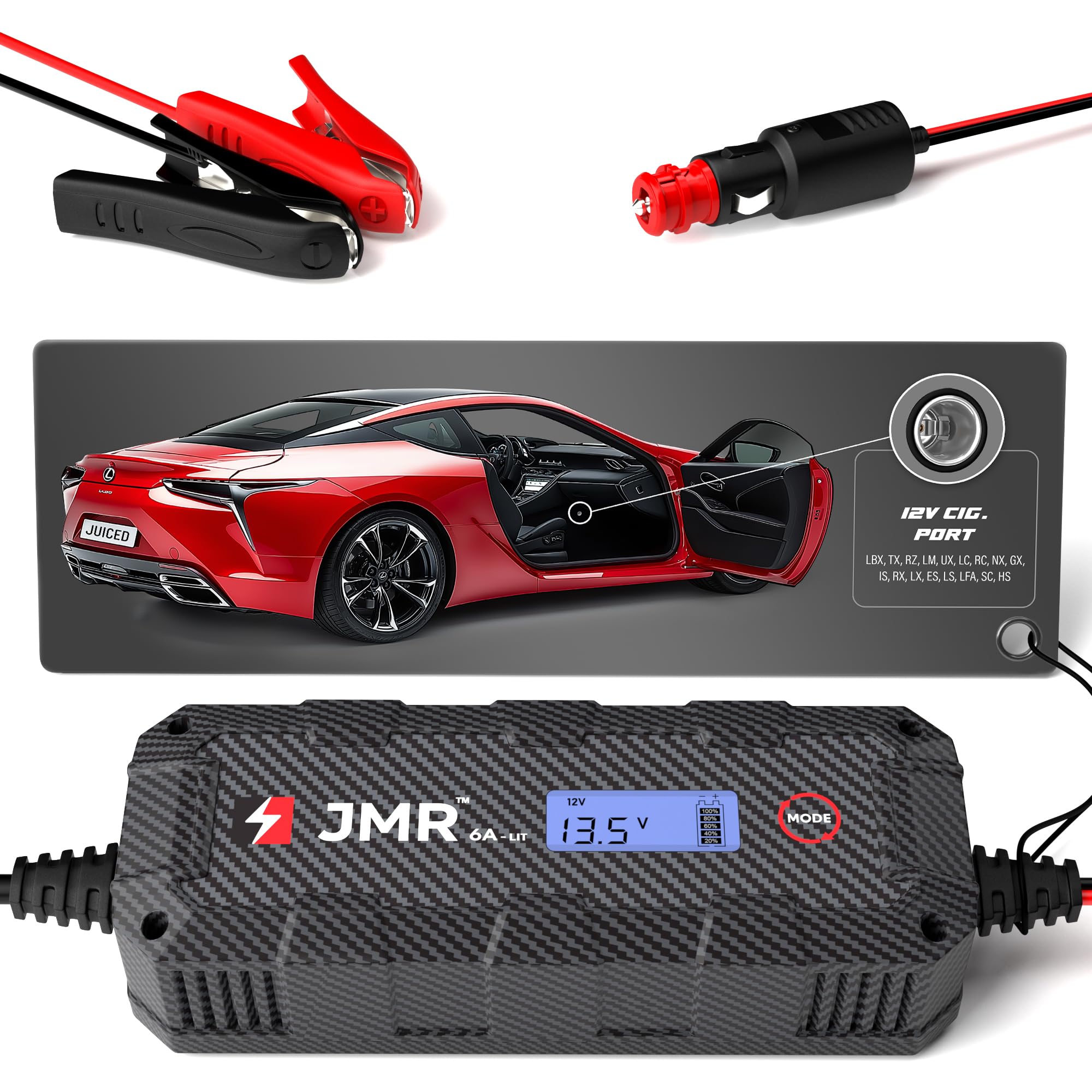 JMR Battery Charger for Lexus LBX TX RZ LM UX LC RC NX GX is RX LX ES LS LFA SC HS All Models Trickle Charger Conditioner Maintainer (Add Lithium Mode)
