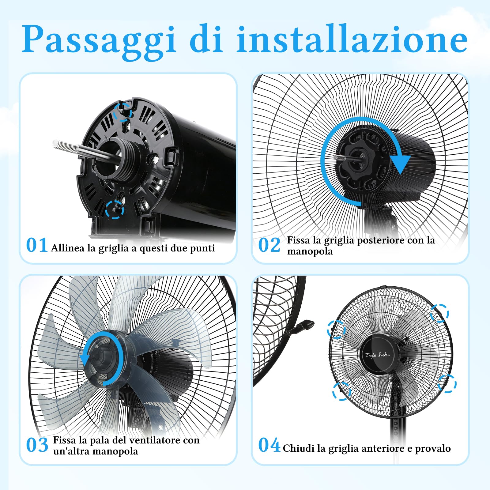 Taylor Swoden Ventilatore a Piantana Potente, 50W, 7 Pale, 3 Velocità Ventilatore Silenzioso, Oscillante, Altezza Regolabile, Griglia, Base Rotonda Stabile, Nero, 43x40x130cm