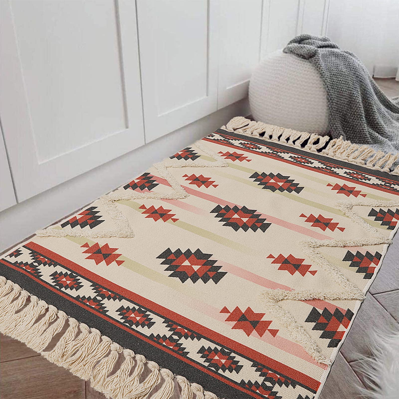 Dywan obszarowy, bawełniany dywan podłogowy Boho, tuftowany duży dywan obszarowy z frędzlami Ręcznie tkane dywaniki dekoracyjne do salonu Wystrój sypialni (Sintra 60 x 130 cm)